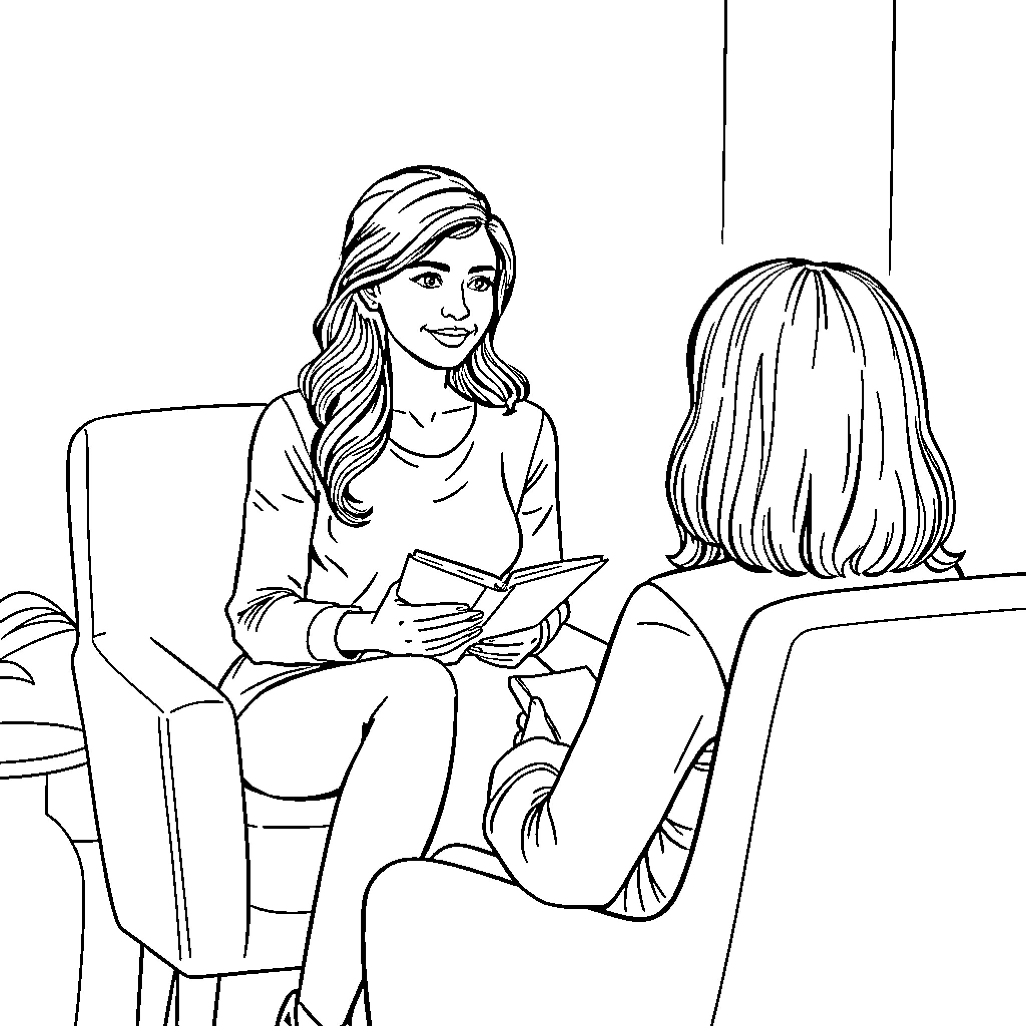 Woman reading a book while conversing with friend Coloring Page (free black-and-white line drawing printable PDF for all, from beginners to advanced learners, including children, teens, adults, and seniors)