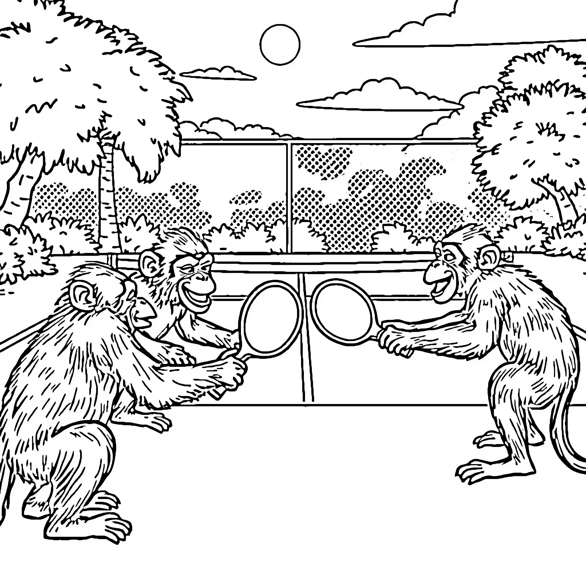 Monkey antics in the forest Coloring Page (free black-and-white line drawing printable PDF for all, from beginners to advanced learners, including children, teens, adults, and seniors)