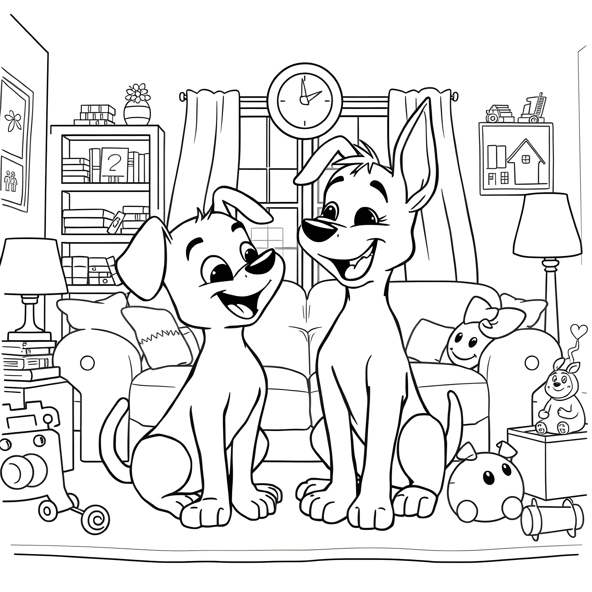 Bluey and friends playing in the playroom Coloring Page (free black-and-white line drawing printable PDF for all, from beginners to advanced learners, including children, teens, adults, and seniors)