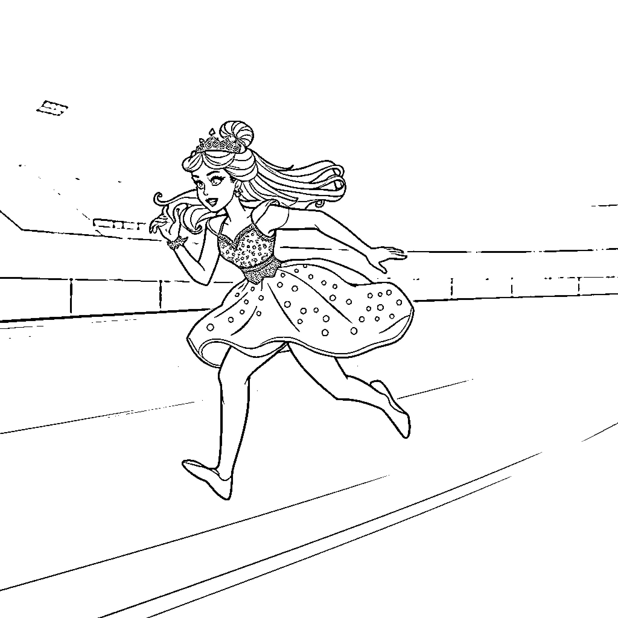 Princess dancing gracefully in a polka dot dress Coloring Page (free black-and-white line drawing printable PDF for all, from beginners to advanced learners, including children, teens, adults, and seniors)