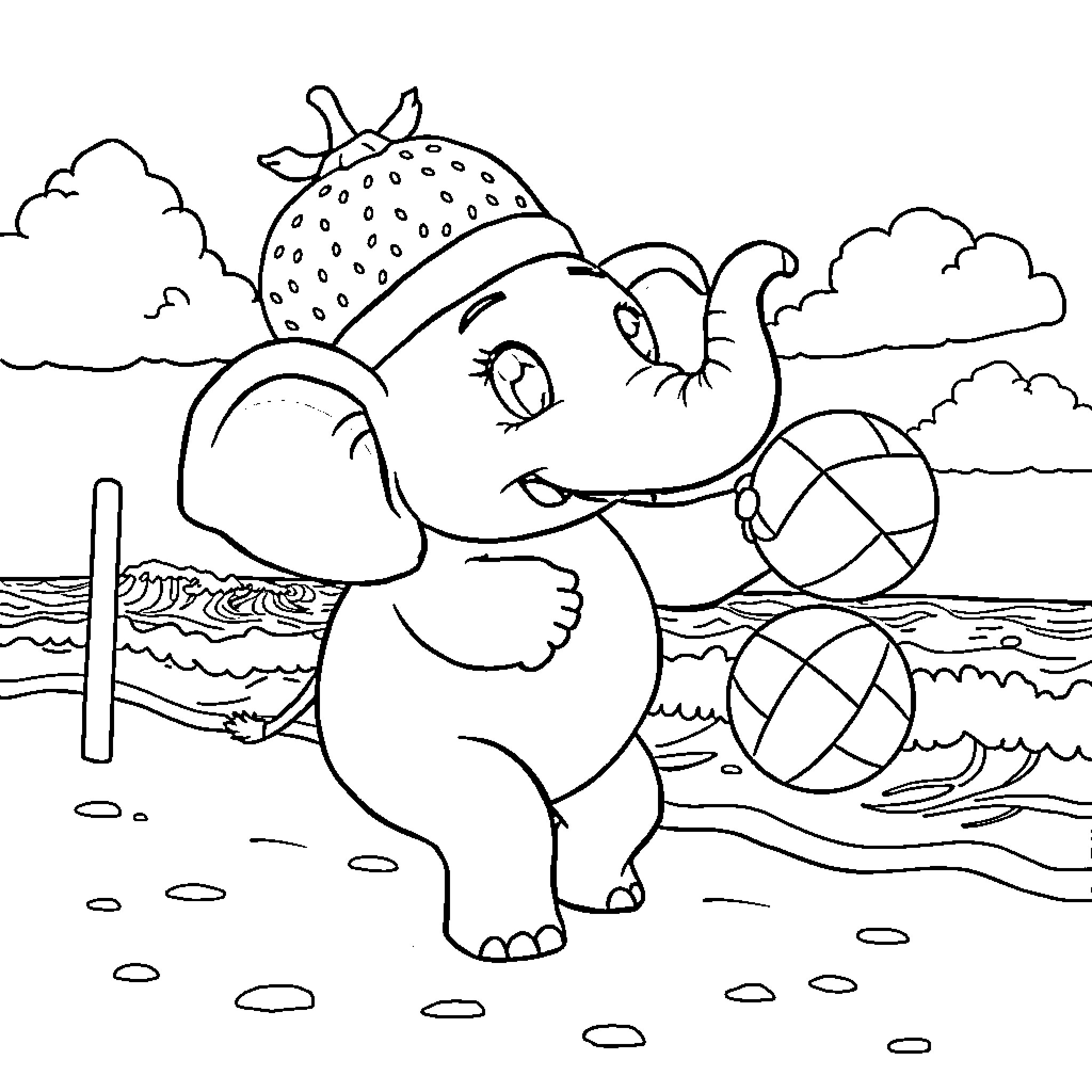 Elephant playing with beach ball on the shore Coloring Page (free black-and-white line drawing printable PDF for all, from beginners to advanced learners, including children, teens, adults, and seniors)