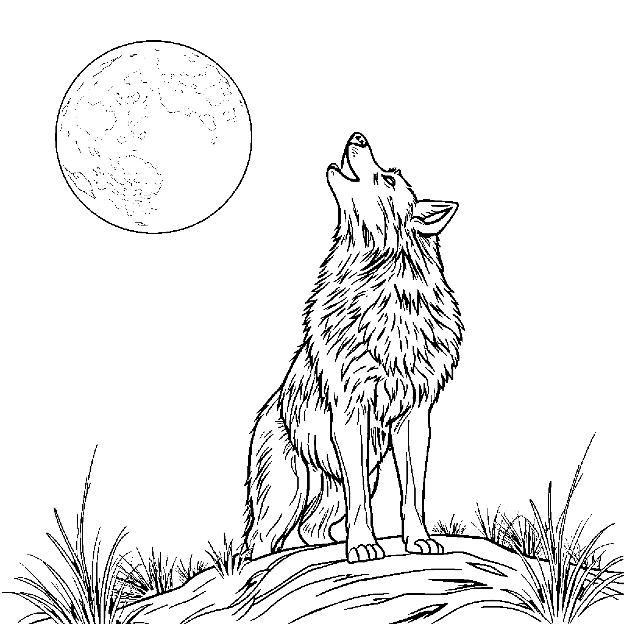 Coyote howling at the full moon Coloring Page (free black-and-white line drawing printable PDF for all, from beginners to advanced learners, including children, teens, adults, and seniors)