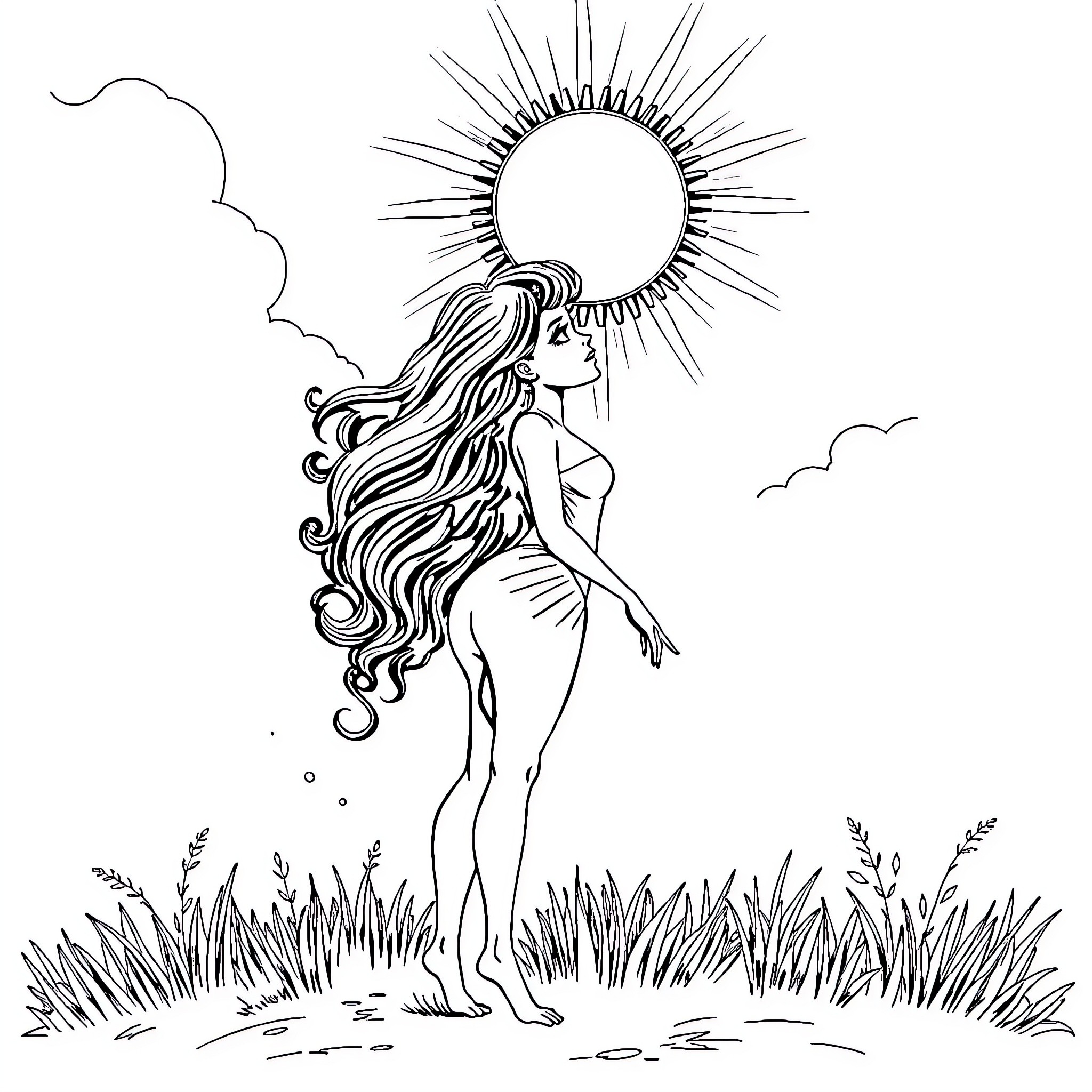 Namielle - Barefoot woman surrounded by nature Coloring Page (free black-and-white line drawing printable PDF for all, from beginners to advanced learners, including children, teens, adults, and seniors)