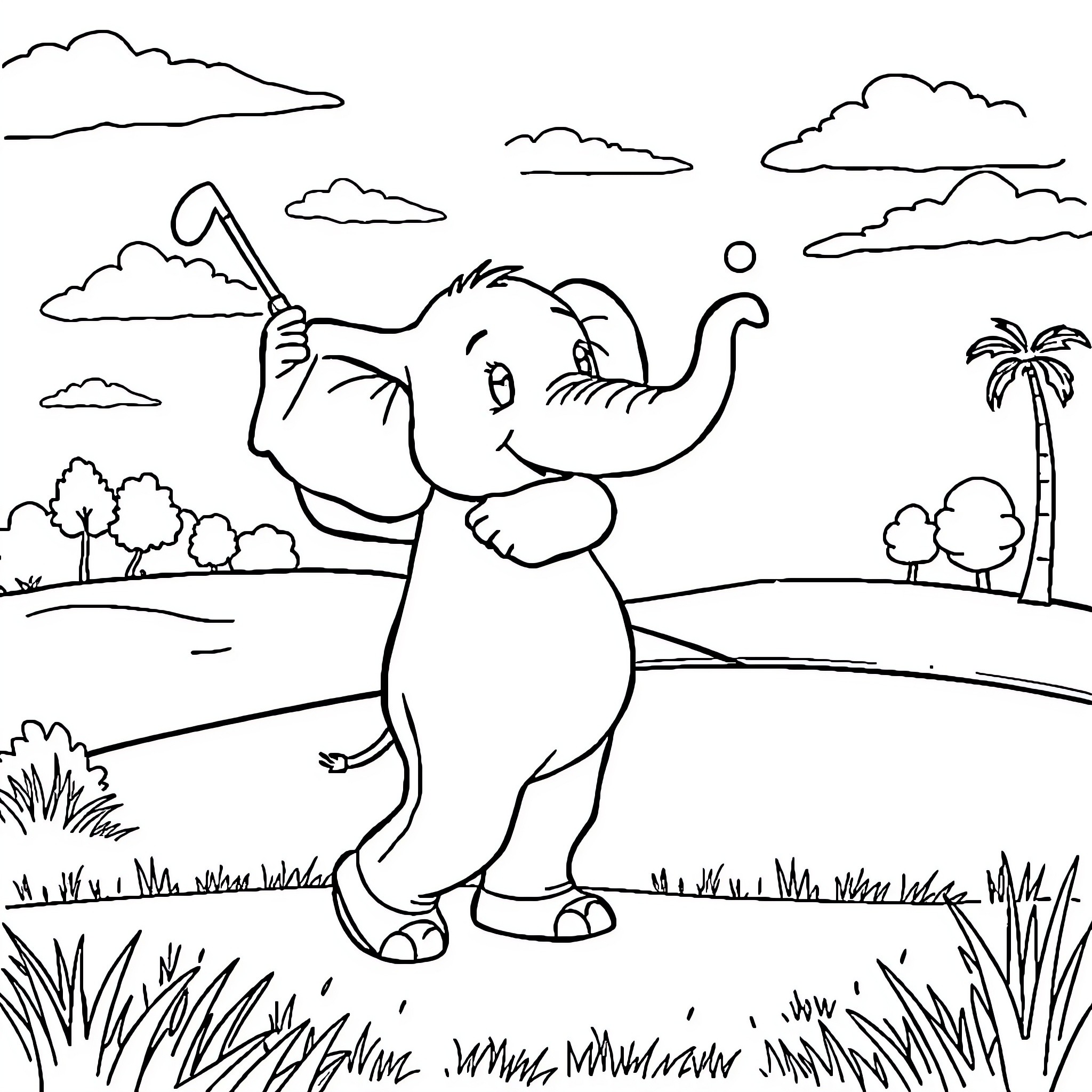 Elephant playing happily in the park Coloring Page (free black-and-white line drawing printable PDF for all, from beginners to advanced learners, including children, teens, adults, and seniors)