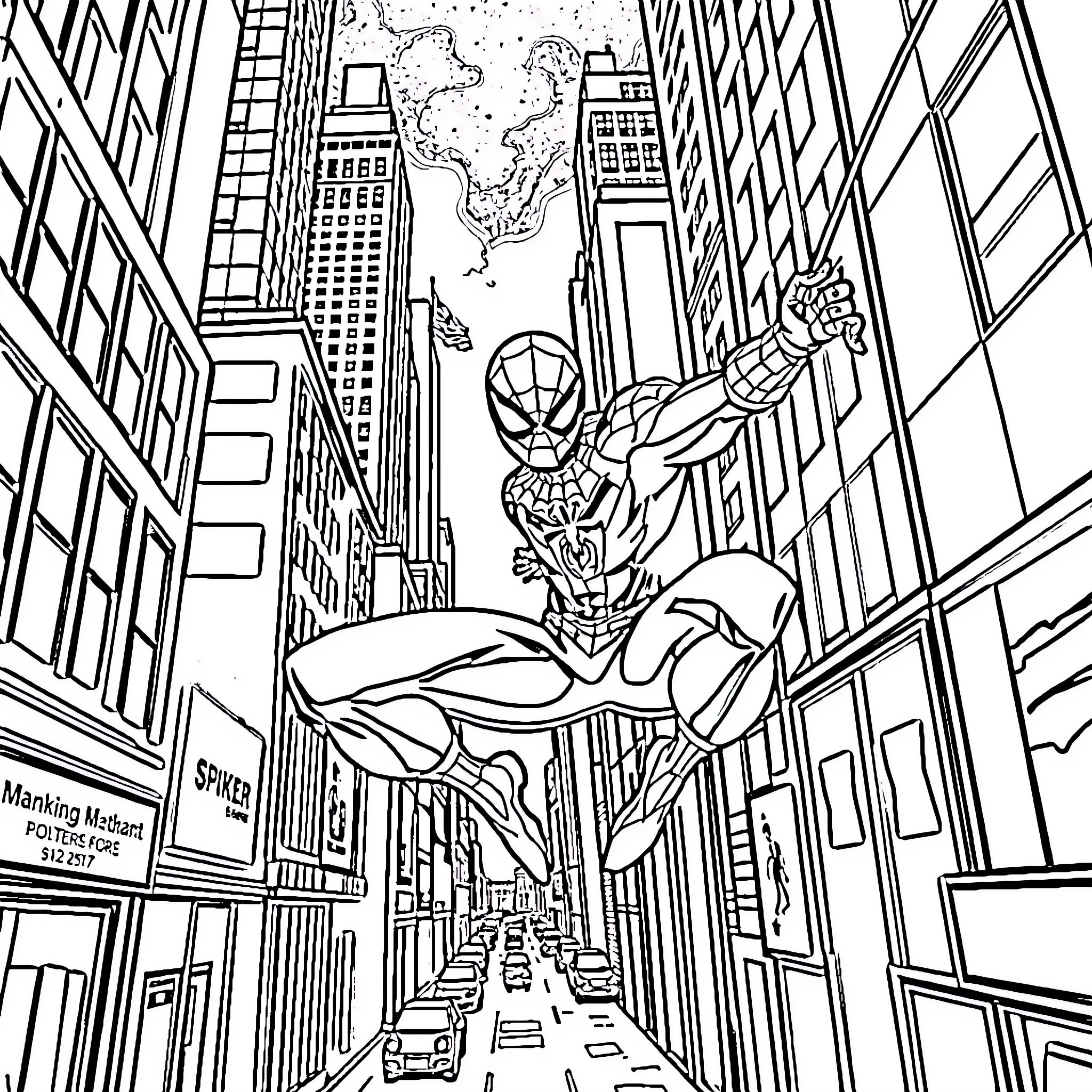 Spiderman swinging through the bustling city streets Coloring Page (free black-and-white line drawing printable PDF for all, from beginners to advanced learners, including children, teens, adults, and seniors)