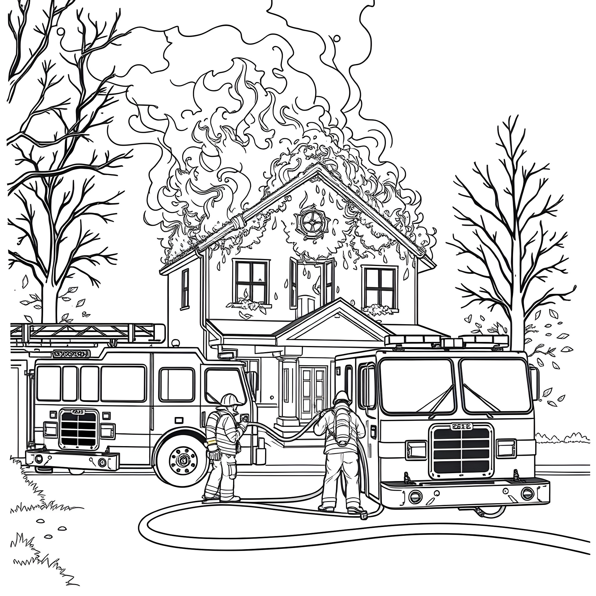 Firefighters responding to a burning house Coloring Page (free black-and-white line drawing printable PDF for all, from beginners to advanced learners, including children, teens, adults, and seniors)