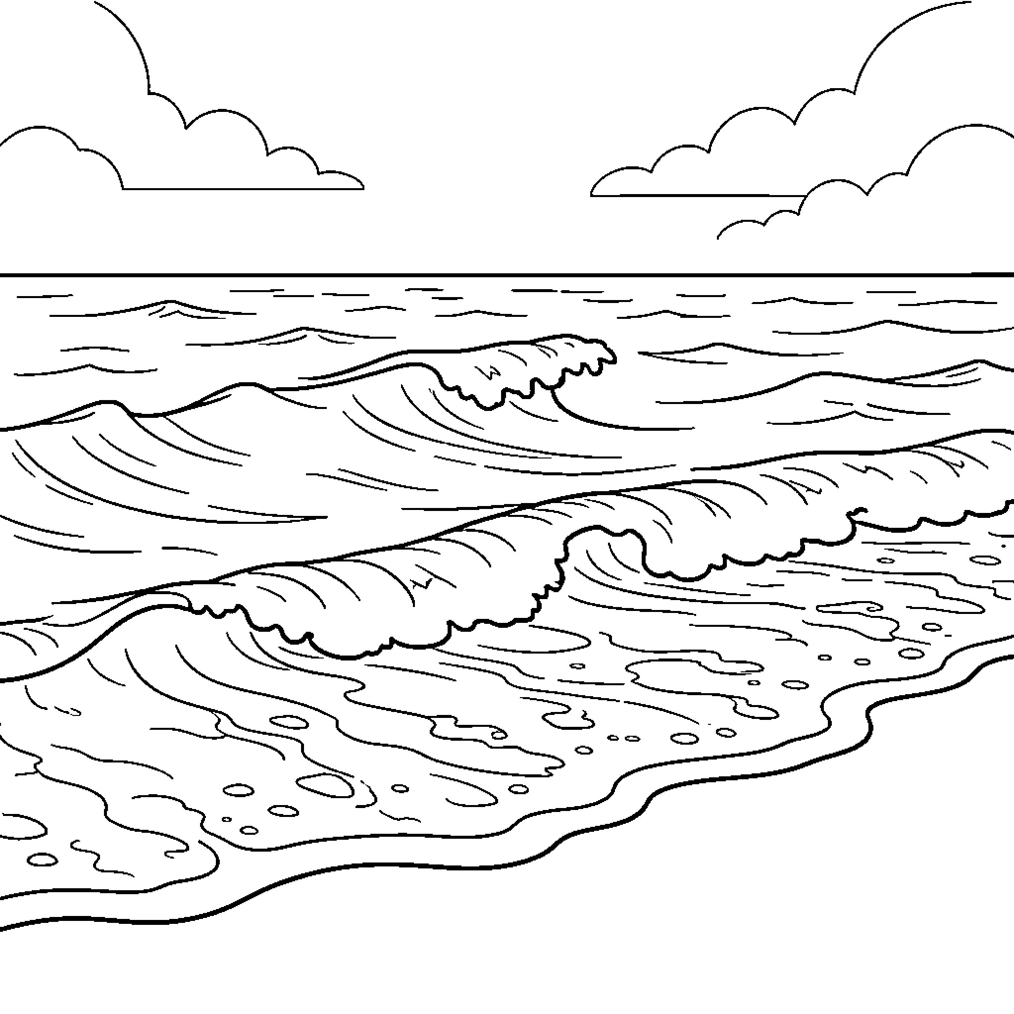 Ocean waves crashing gently onto the shore Coloring Page (free black-and-white line drawing printable PDF for all, from beginners to advanced learners, including children, teens, adults, and seniors)