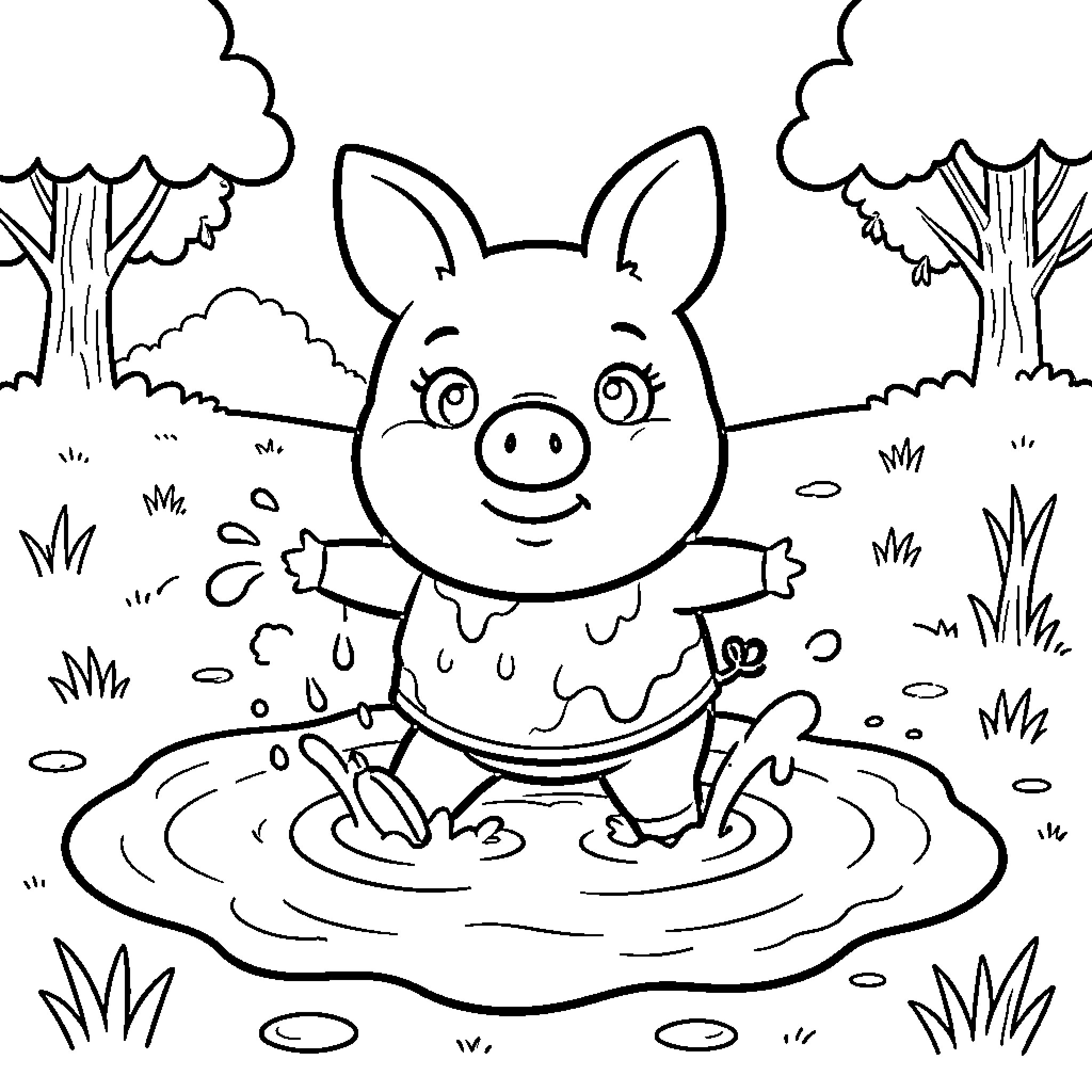 Peppa Pig jumping joyfully in a muddy puddle Coloring Page (free black-and-white line drawing printable PDF for all, from beginners to advanced learners, including children, teens, adults, and seniors)