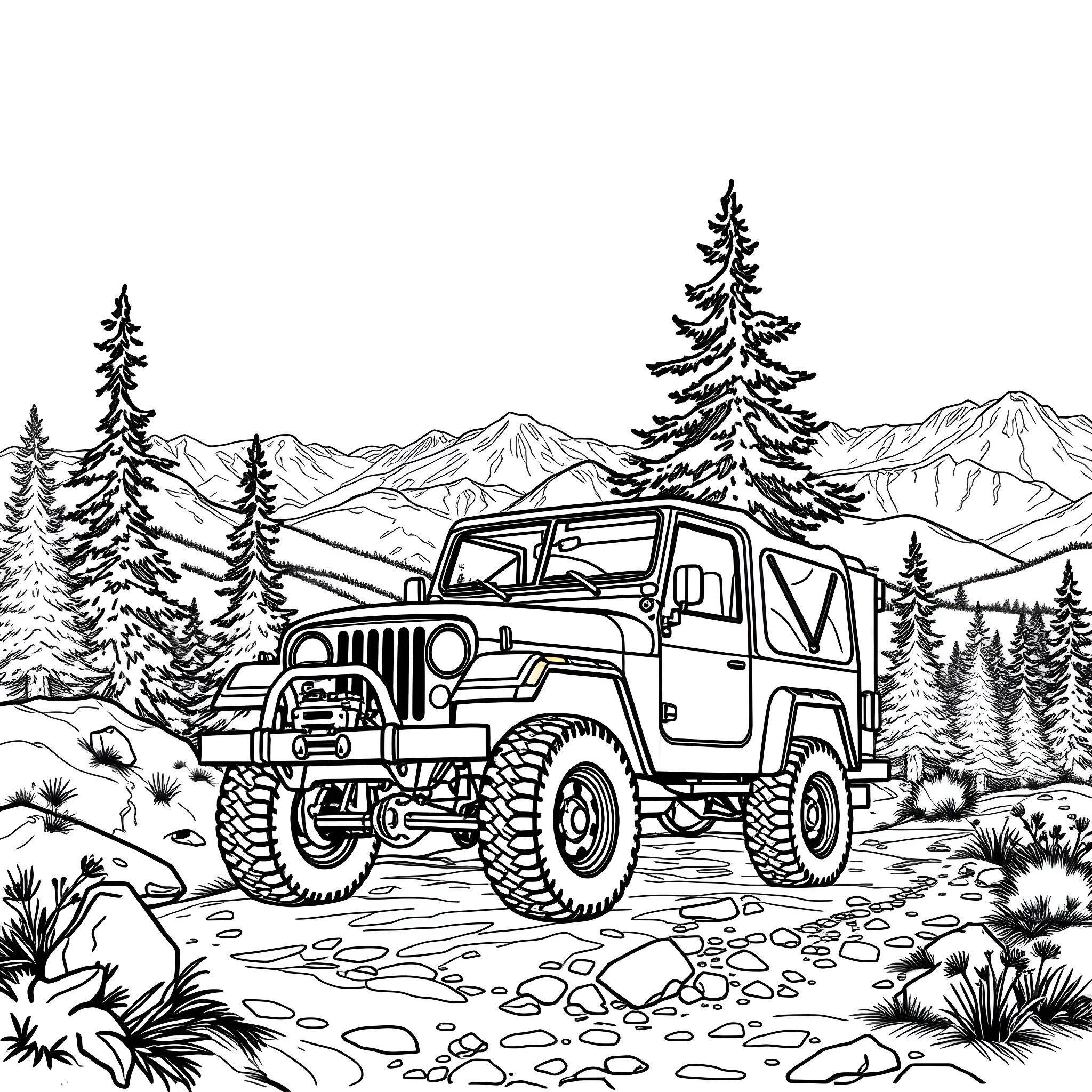 4x4 off-road adventure in mountain landscape Coloring Page (free black-and-white line drawing printable PDF for all, from beginners to advanced learners, including children, teens, adults, and seniors)