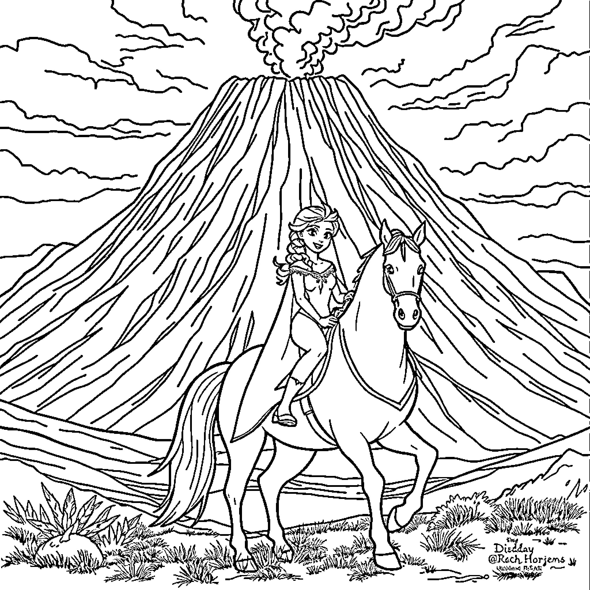 Elsa riding her horse amidst a volcanic eruption Coloring Page (free black-and-white line drawing printable PDF for all, from beginners to advanced learners, including children, teens, adults, and seniors)