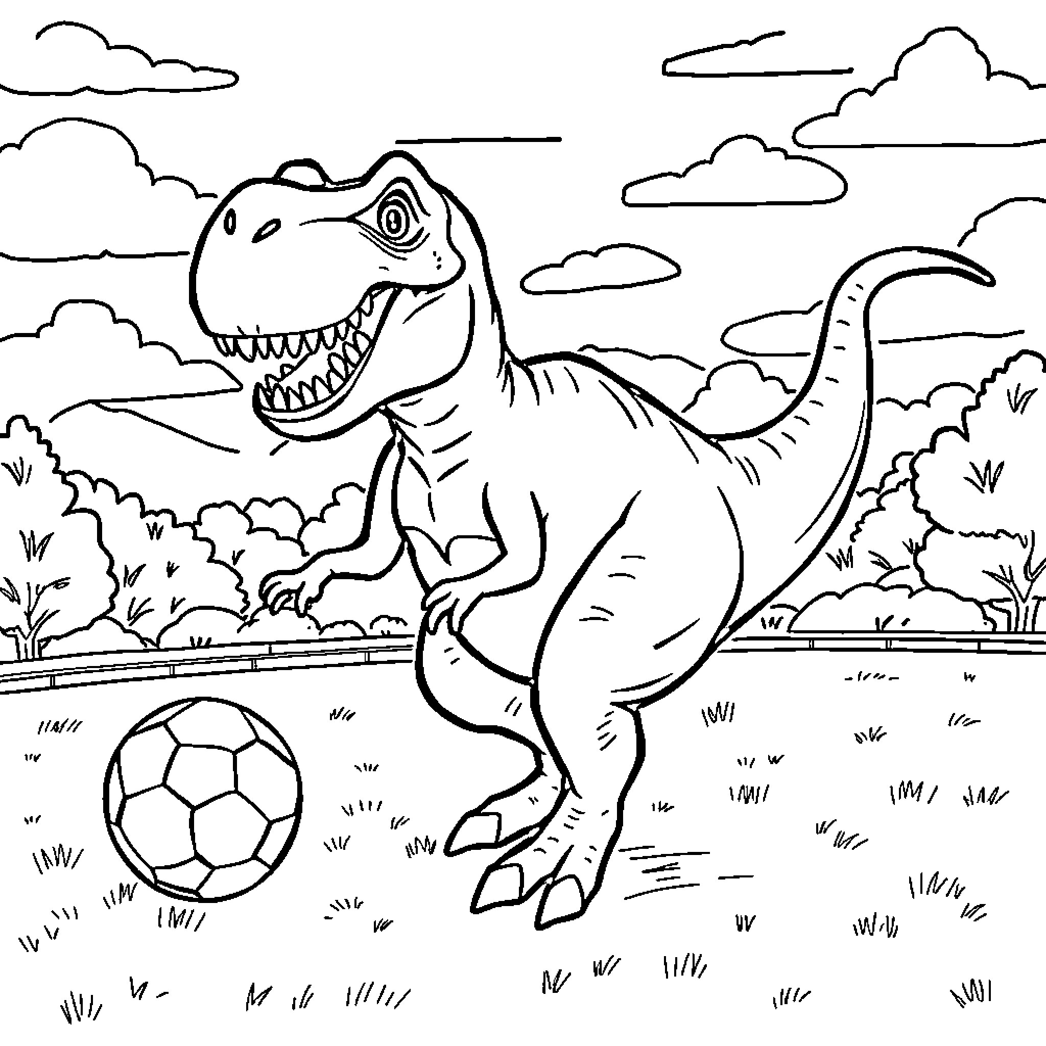 T-Rex playing with soccer ball in the wild Coloring Page (free black-and-white line drawing printable PDF for all, from beginners to advanced learners, including children, teens, adults, and seniors)