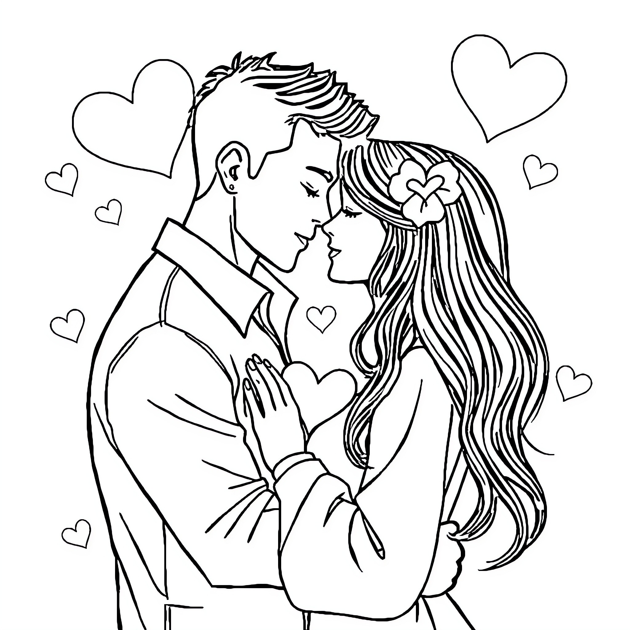 Love and Affection Between Romantic Couple Coloring Page (free black-and-white line drawing printable PDF for all, from beginners to advanced learners, including children, teens, adults, and seniors)