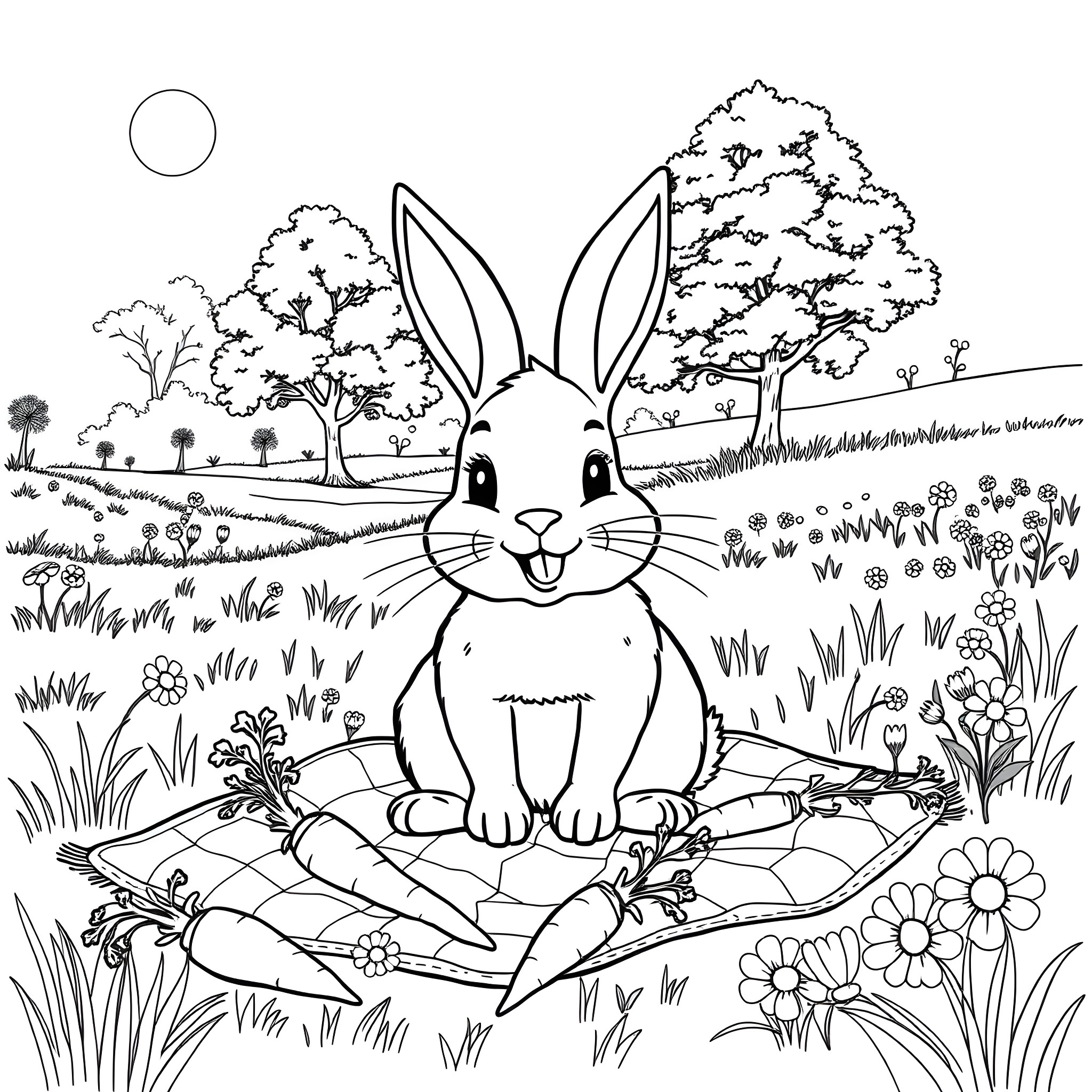 Bunny enjoying a peaceful garden scene Coloring Page (free black-and-white line drawing printable PDF for all, from beginners to advanced learners, including children, teens, adults, and seniors)