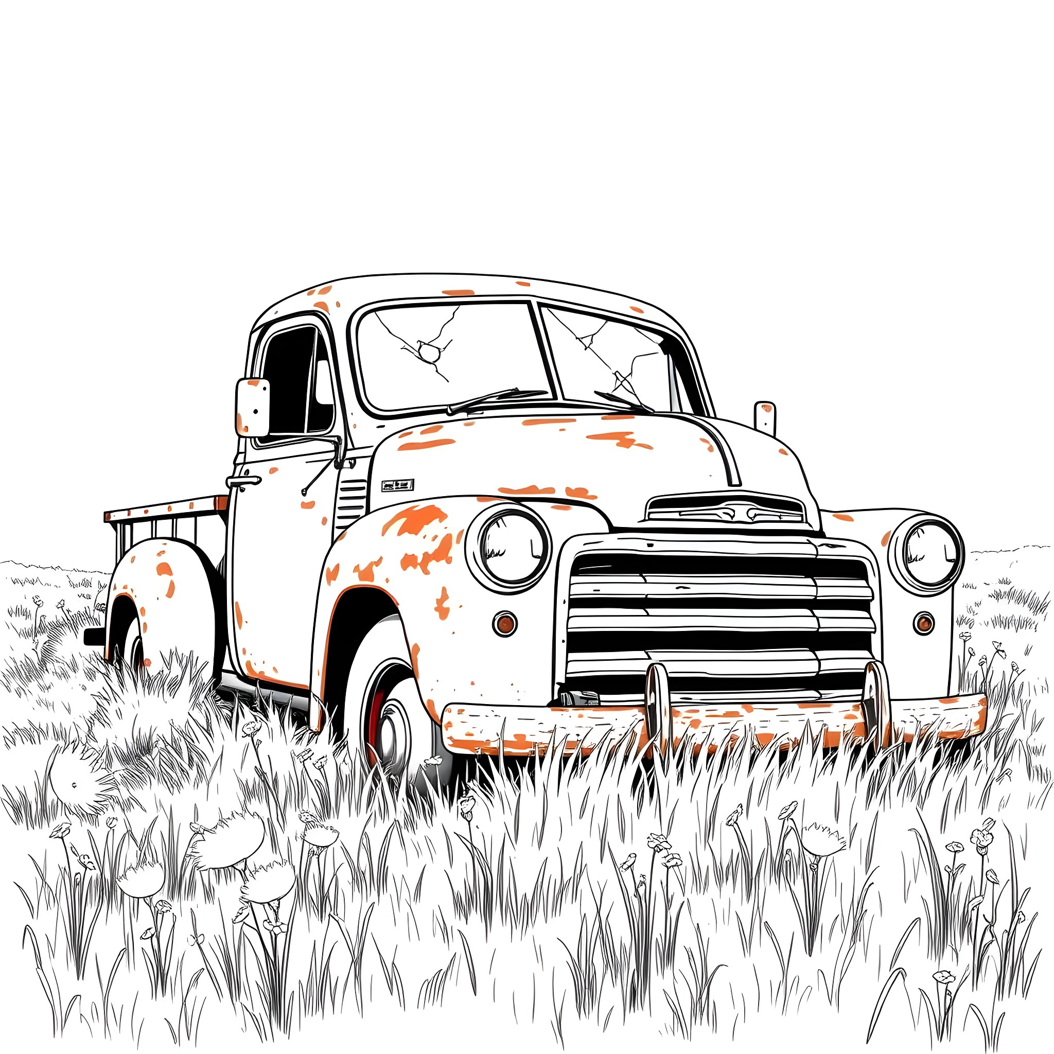 Truck in a grassy field with weathered details Coloring Page (free black-and-white line drawing printable PDF for all, from beginners to advanced learners, including children, teens, adults, and seniors)