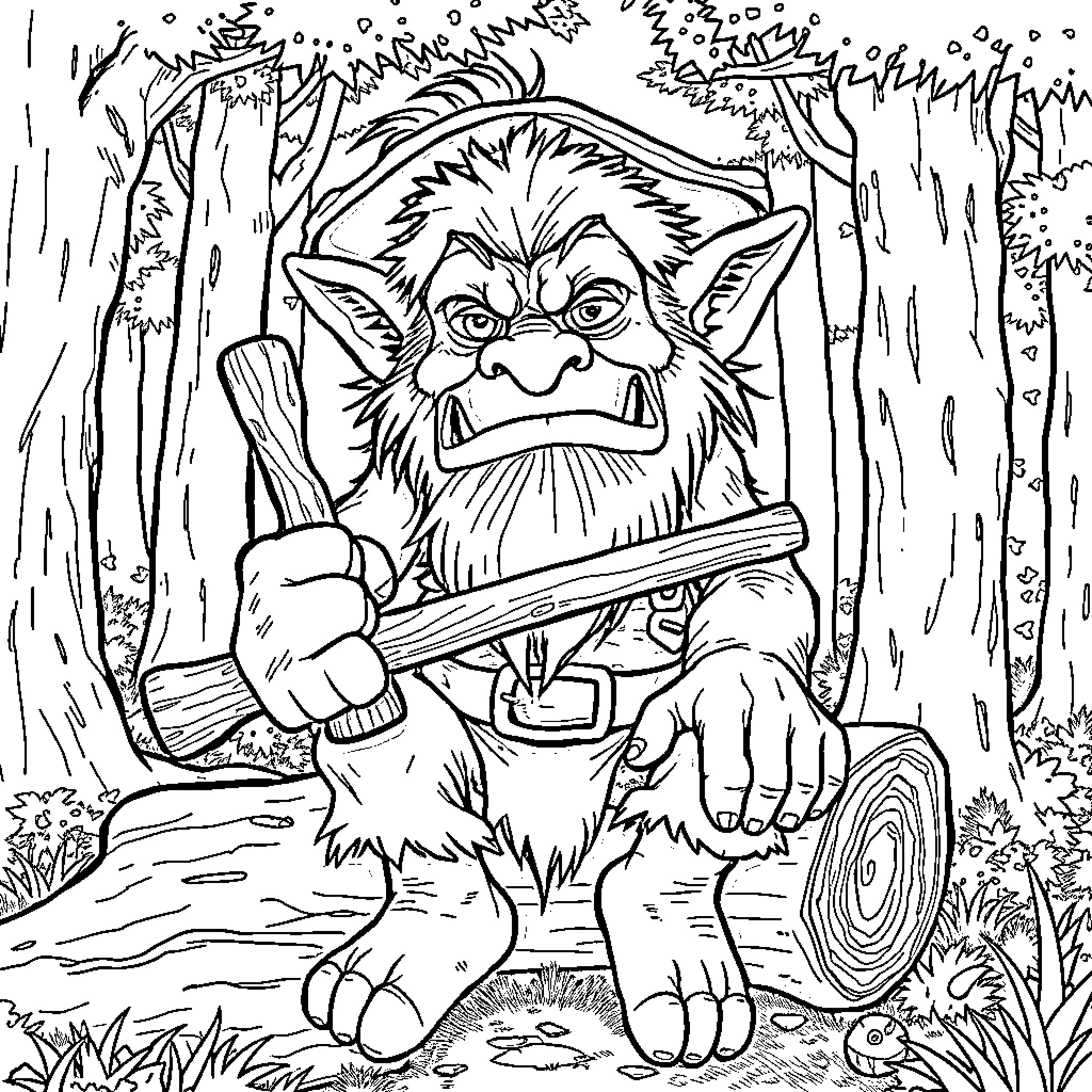 Troll Wielding Club in Mysterious Forest Coloring Page (free black-and-white line drawing printable PDF for all, from beginners to advanced learners, including children, teens, adults, and seniors)