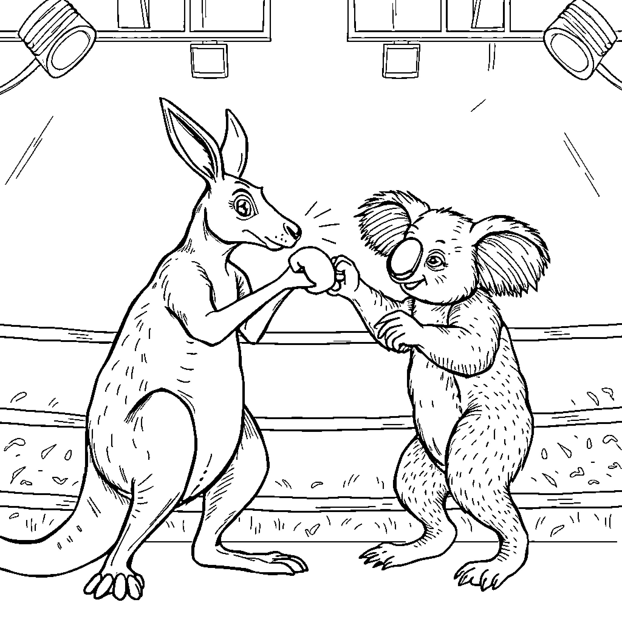 Kangaroo and Koala Chatting Amicably Coloring Page (free black-and-white line drawing printable PDF for all, from beginners to advanced learners, including children, teens, adults, and seniors)