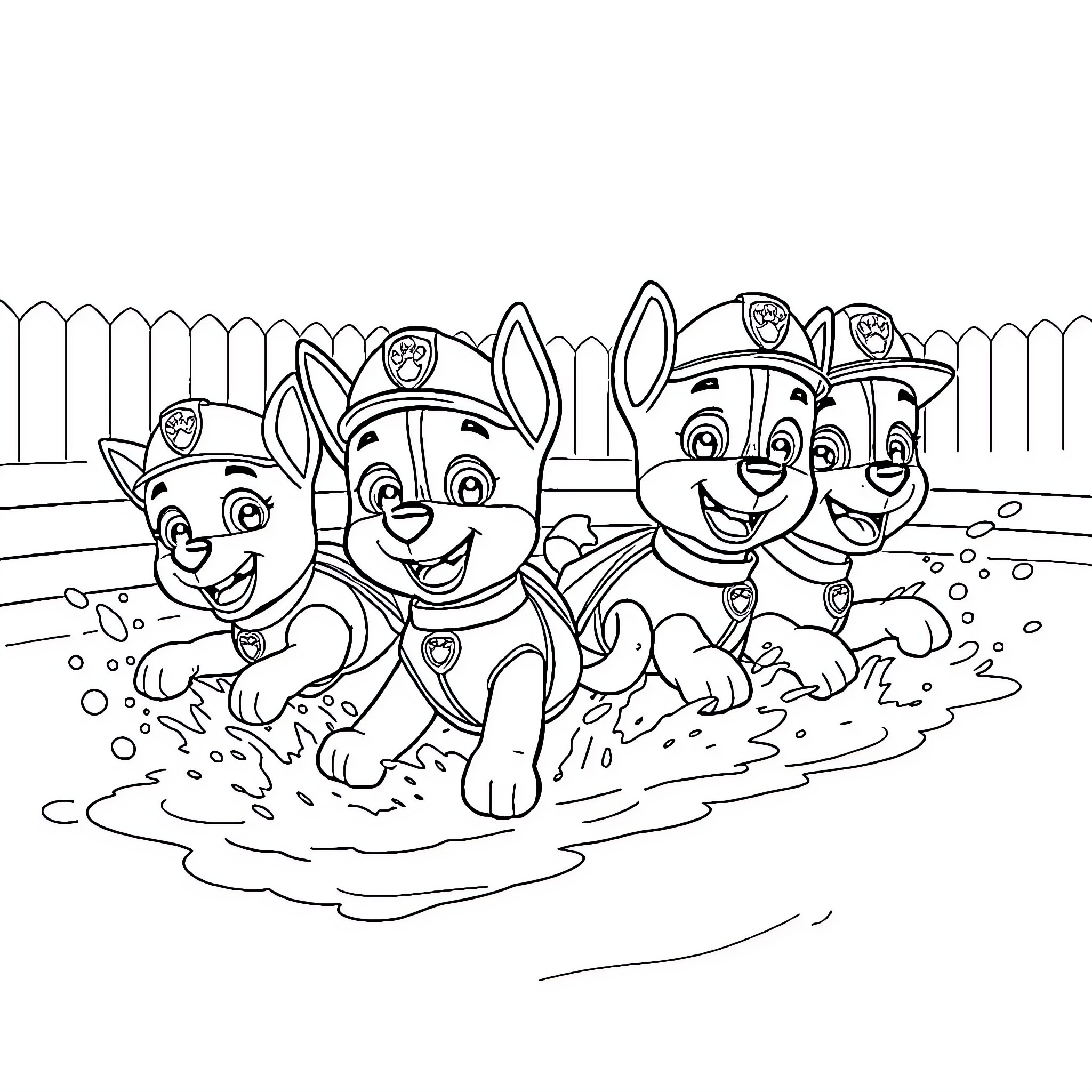 Paw Patrol pups playing in the mud Coloring Page (free black-and-white line drawing printable PDF for all, from beginners to advanced learners, including children, teens, adults, and seniors)