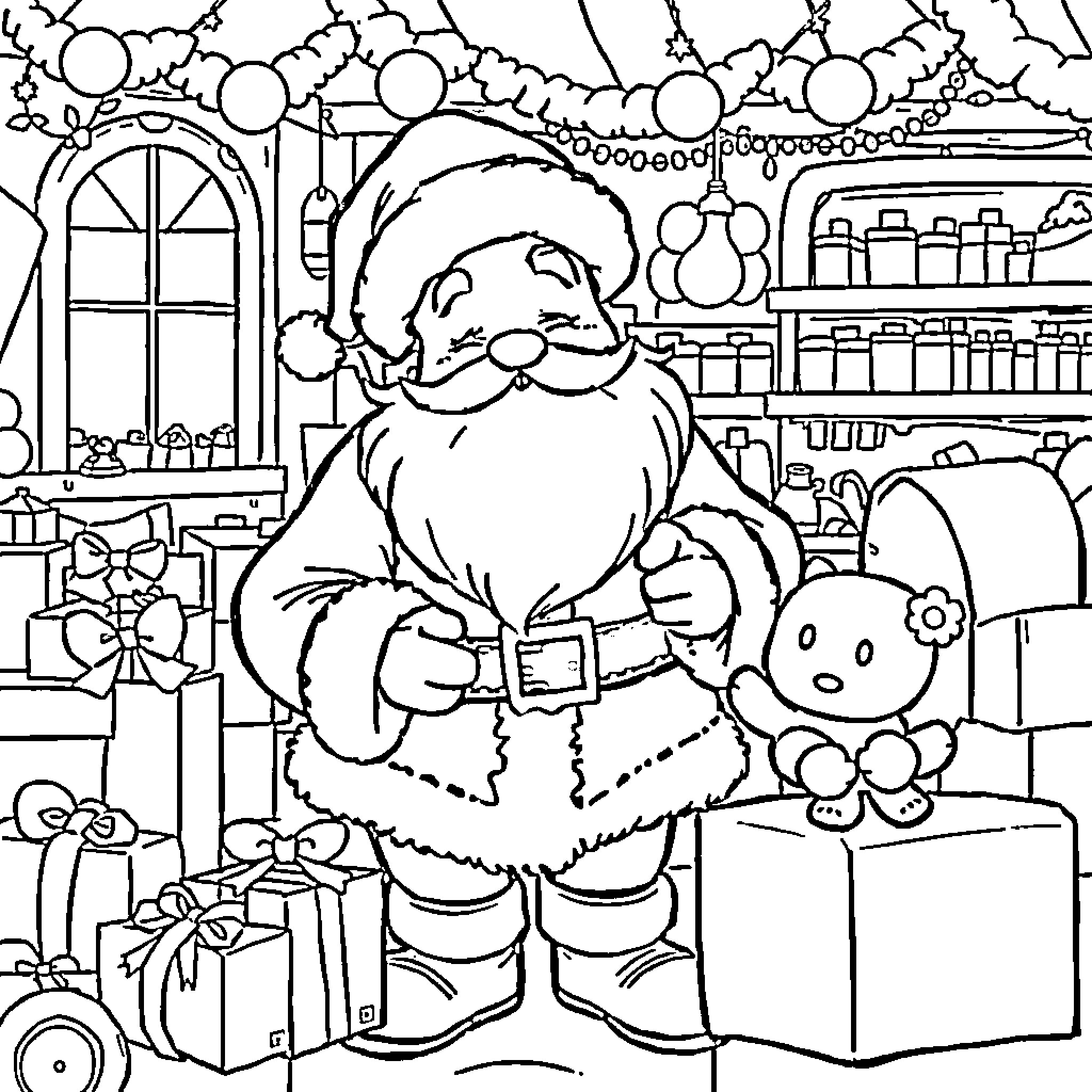 Santa Claus delivering gifts in a festive workshop Coloring Page (free black-and-white line drawing printable PDF for all, from beginners to advanced learners, including children, teens, adults, and seniors)