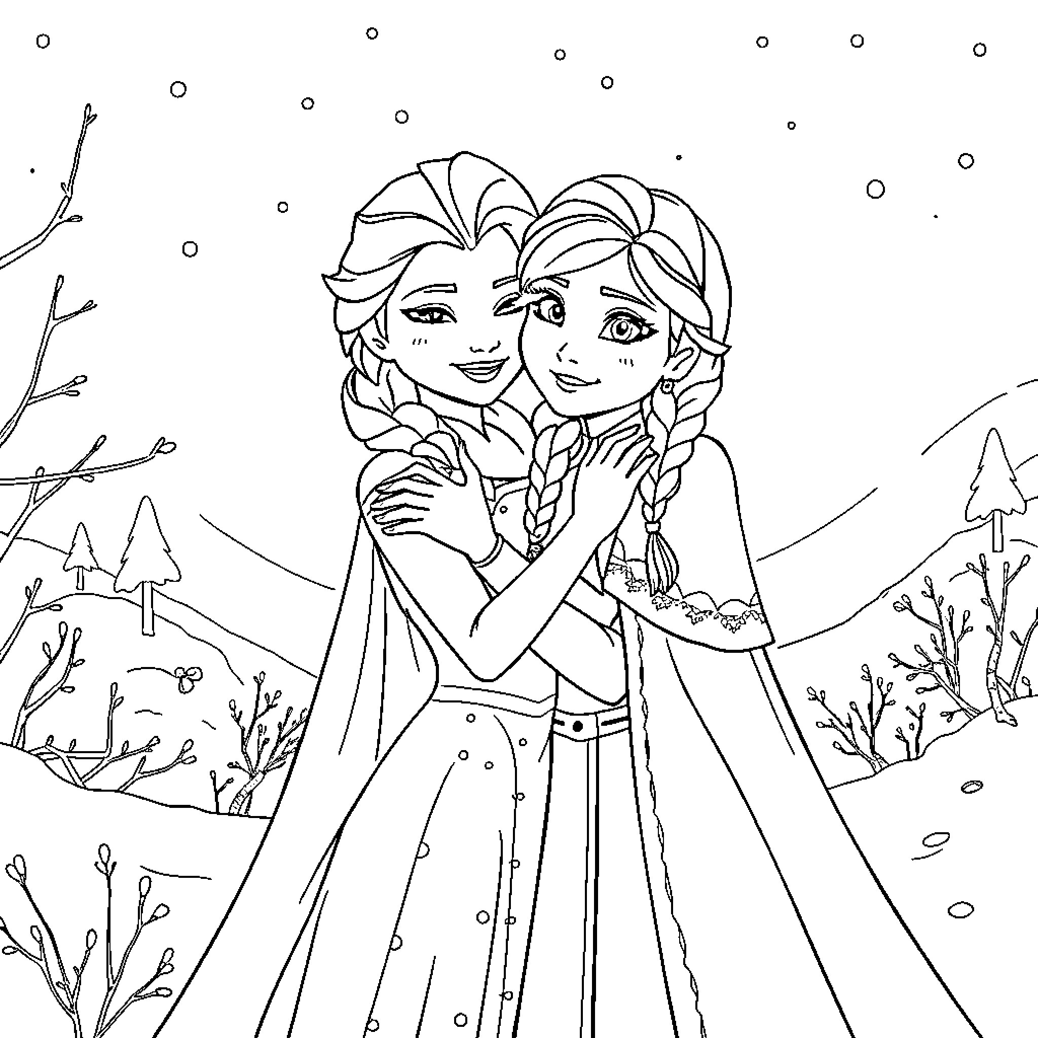Elsa and Anna embracing in a winter wonderland Coloring Page (free black-and-white line drawing printable PDF for all, from beginners to advanced learners, including children, teens, adults, and seniors)