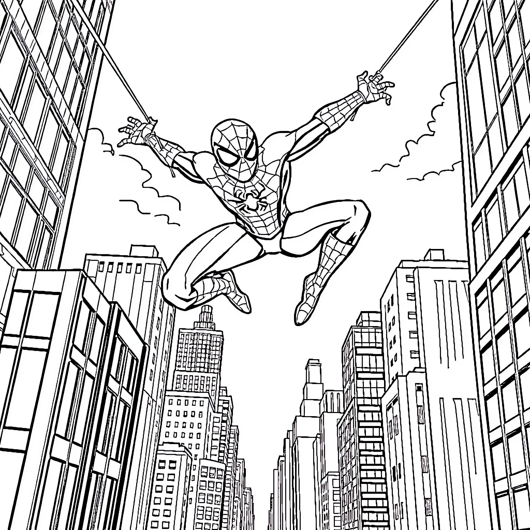 Spiderman swinging through the city skyline Coloring Page (free black-and-white line drawing printable PDF for all, from beginners to advanced learners, including children, teens, adults, and seniors)