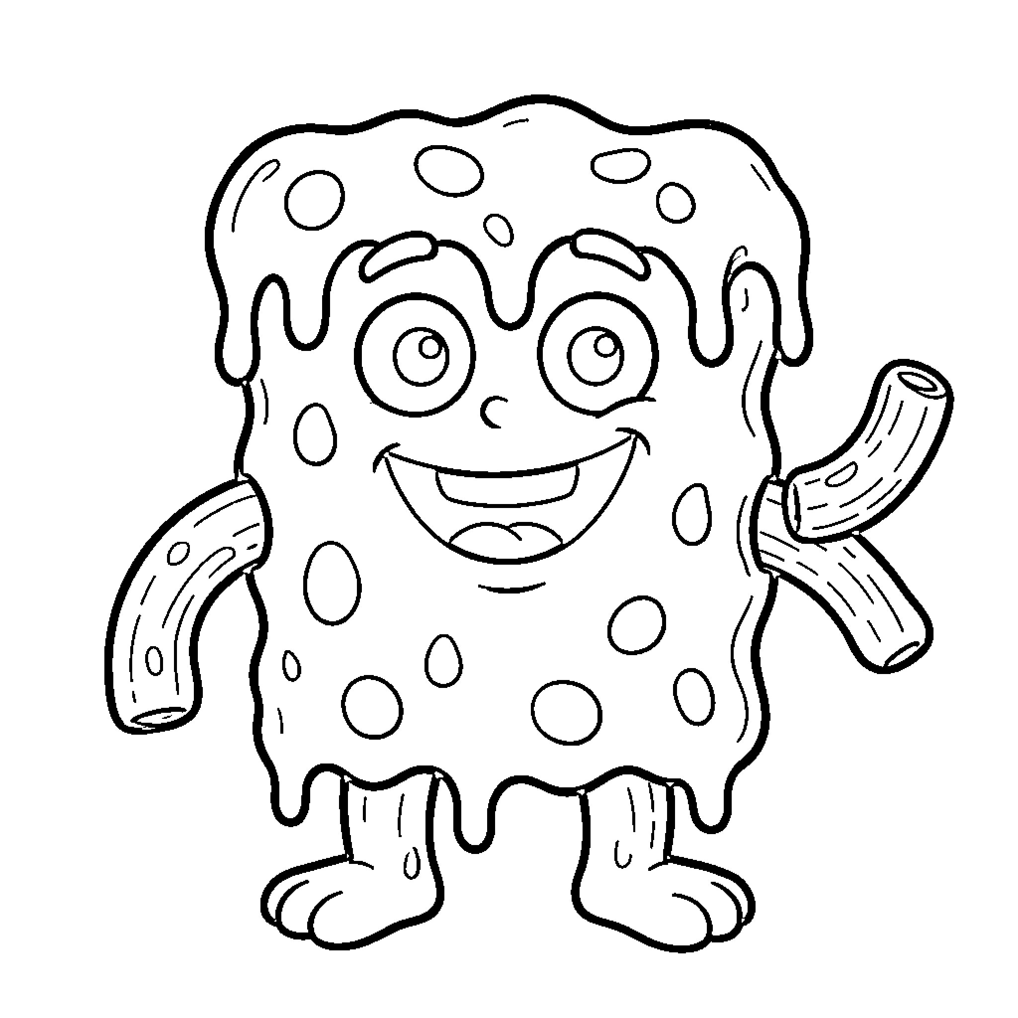 Mac and Cheese Monster with a Silly Grin Coloring Page (free black-and-white line drawing printable PDF for all, from beginners to advanced learners, including children, teens, adults, and seniors)