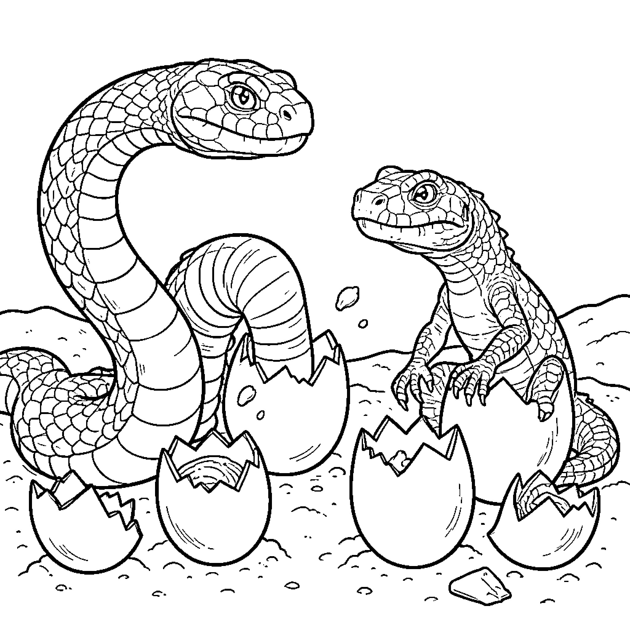 Creature reptiles hatching from eggs in the wild Coloring Page (free black-and-white line drawing printable PDF for all, from beginners to advanced learners, including children, teens, adults, and seniors)