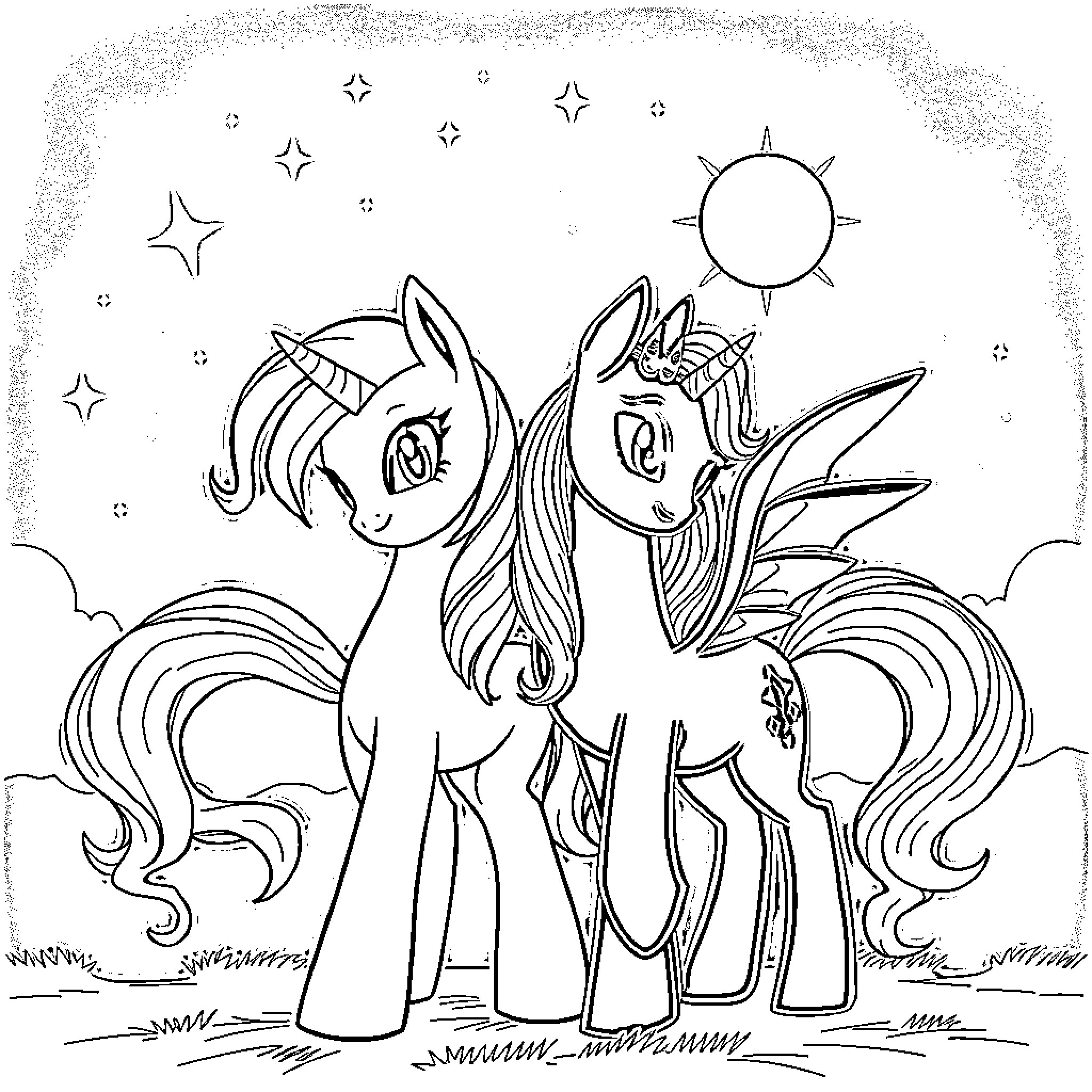 Pony friends enjoying a starry night Coloring Page (free black-and-white line drawing printable PDF for all, from beginners to advanced learners, including children, teens, adults, and seniors)