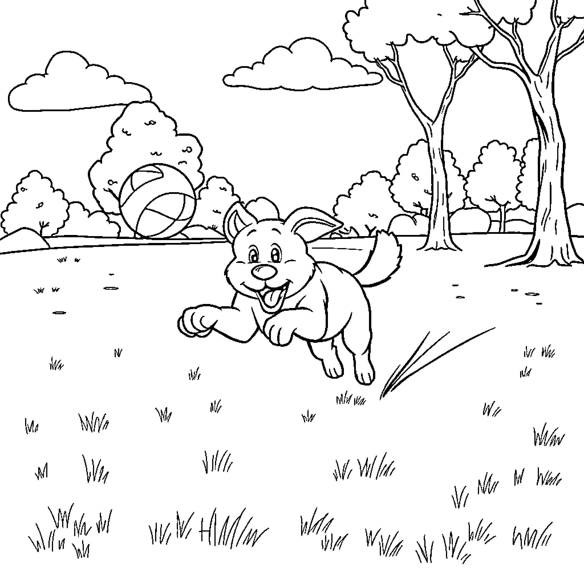Dog frolicking in a scenic outdoor setting Coloring Page (free black-and-white line drawing printable PDF for all, from beginners to advanced learners, including children, teens, adults, and seniors)