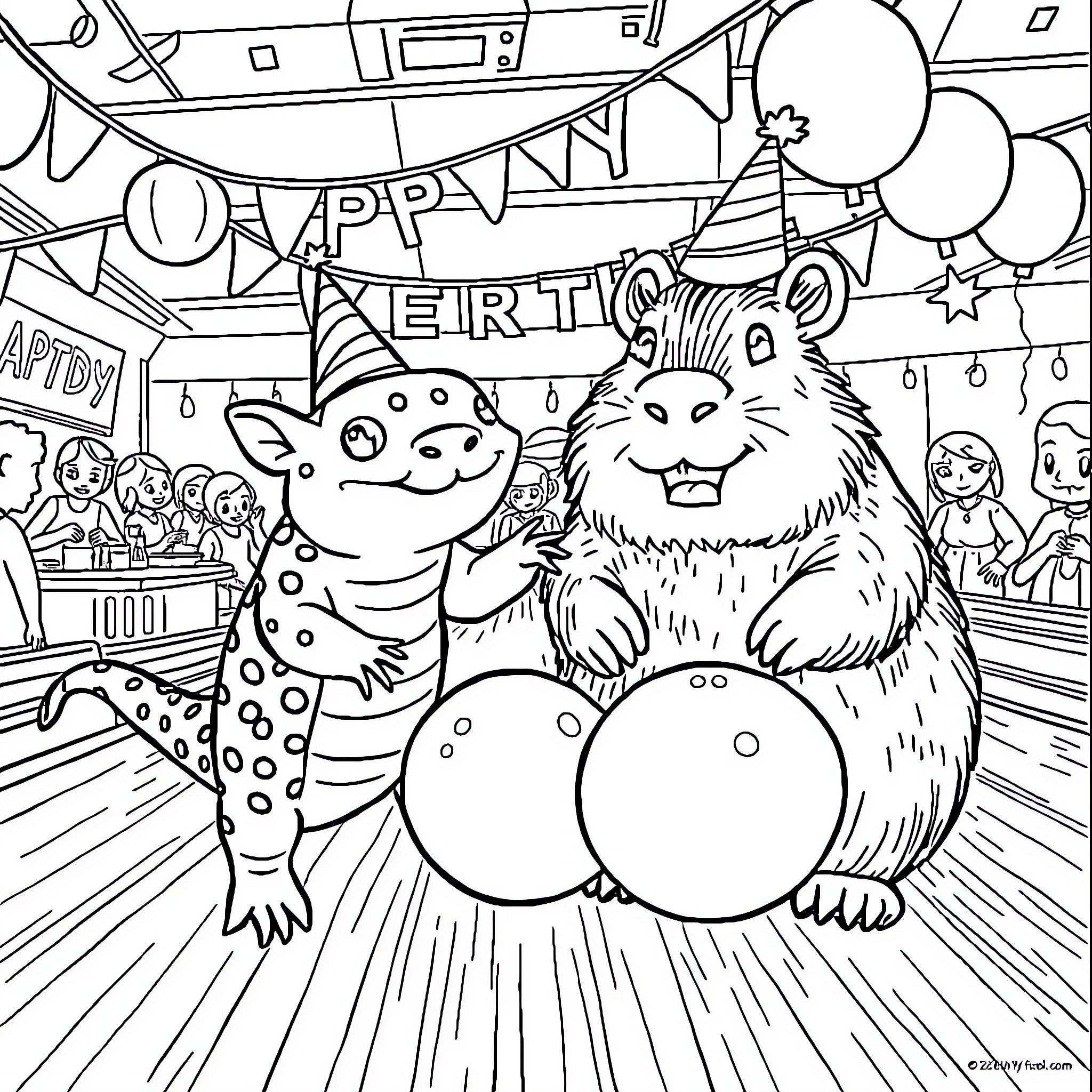 Axolotl's Joyful Birthday Party Coloring Page (free black-and-white line drawing printable PDF for all, from beginners to advanced learners, including children, teens, adults, and seniors)