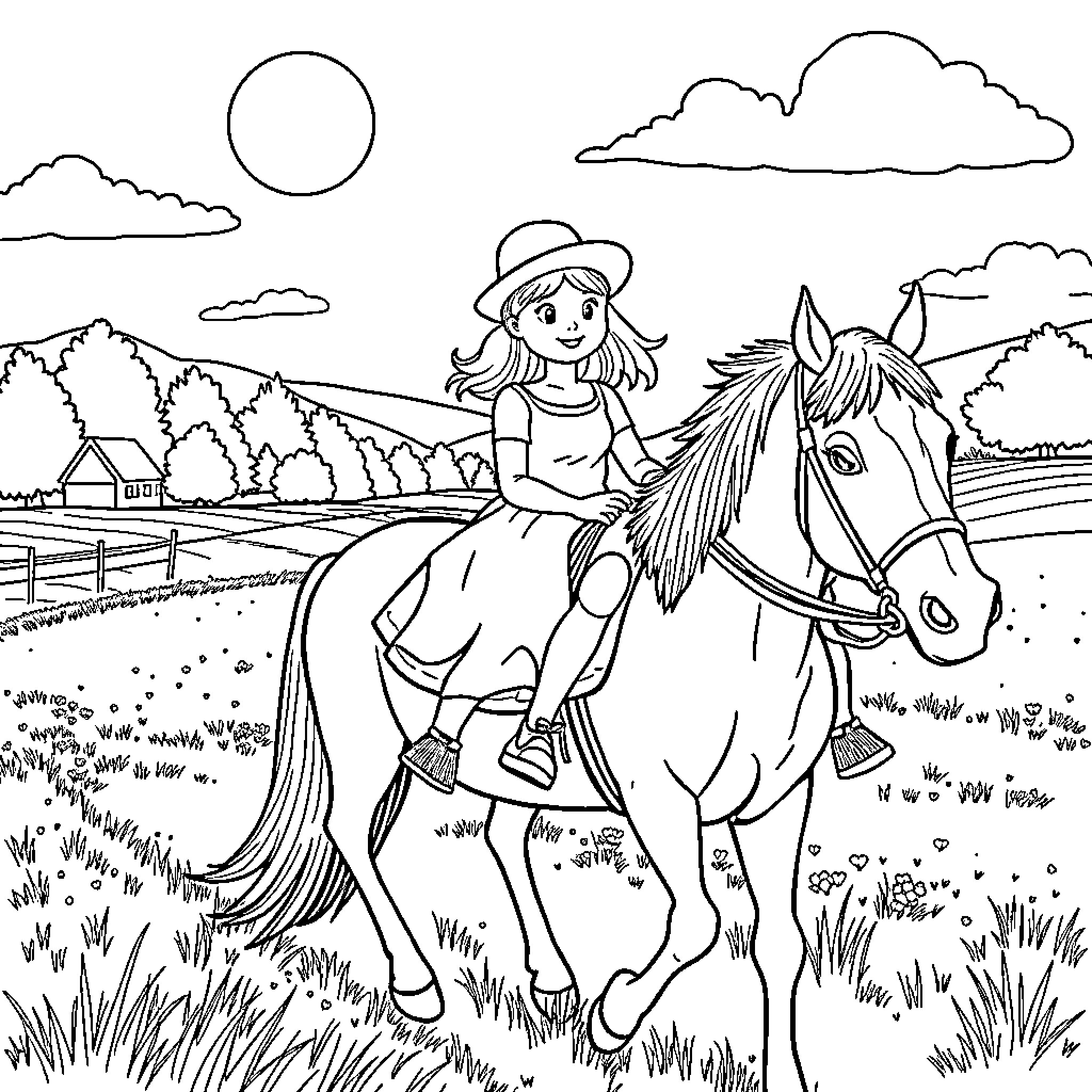 Bibi und Tina riding horses in the countryside Coloring Page (free black-and-white line drawing printable PDF for all, from beginners to advanced learners, including children, teens, adults, and seniors)