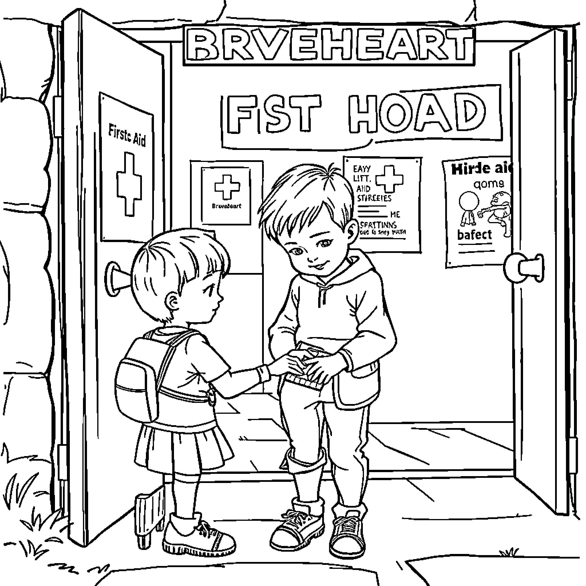 Children visiting first aid station Coloring Page (free black-and-white line drawing printable PDF for all, from beginners to advanced learners, including children, teens, adults, and seniors)
