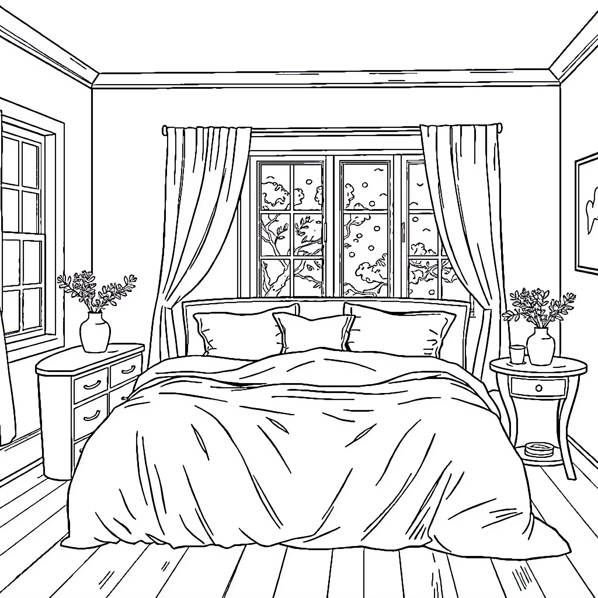 Chambre Tocaboca: Cozy Bedroom Scene with Curtains and Furniture Coloring Page (free black-and-white line drawing printable PDF for all, from beginners to advanced learners, including children, teens, adults, and seniors)