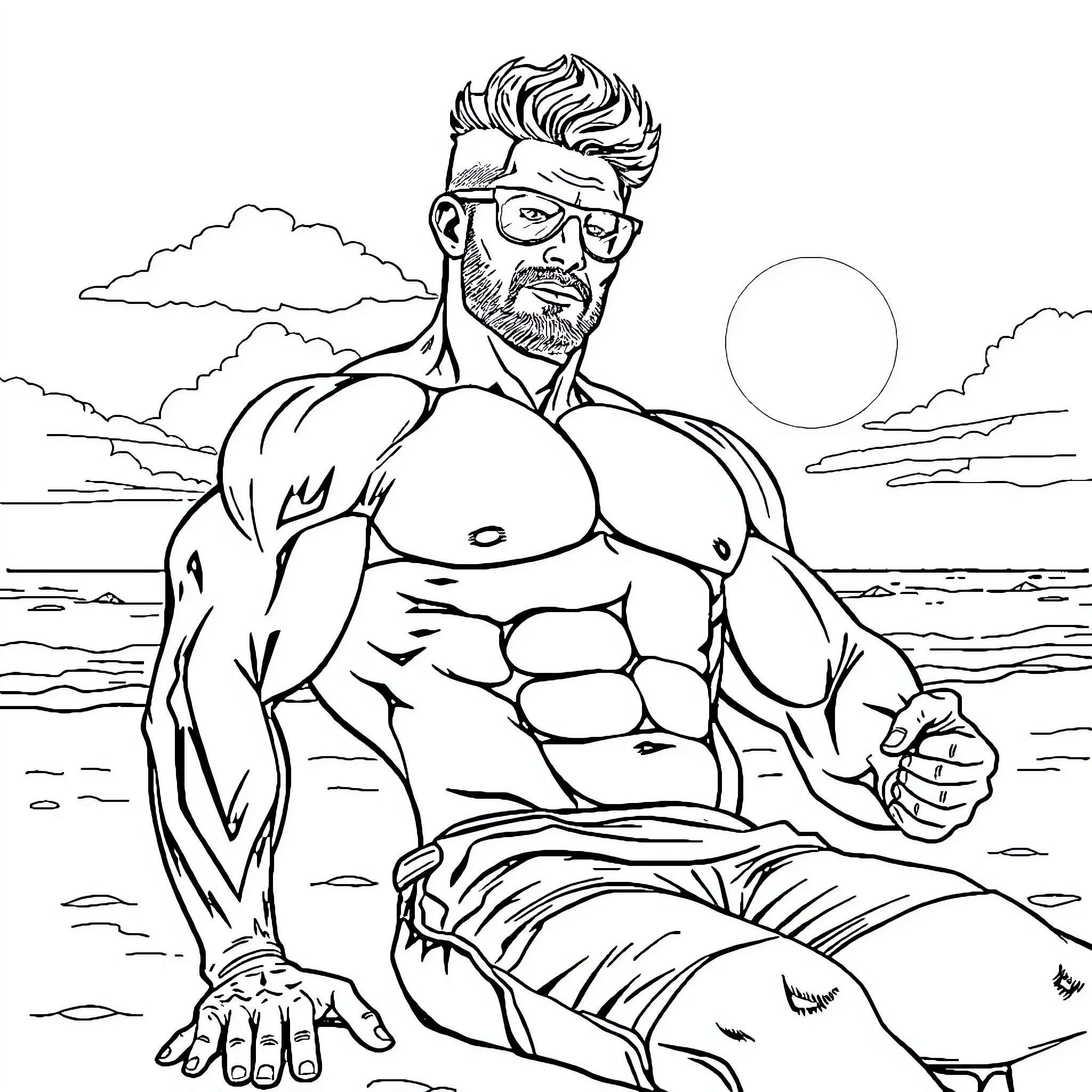 Bodybuilder posing with powerful physique against sunset landscape Coloring Page (free black-and-white line drawing printable PDF for all, from beginners to advanced learners, including children, teens, adults, and seniors)