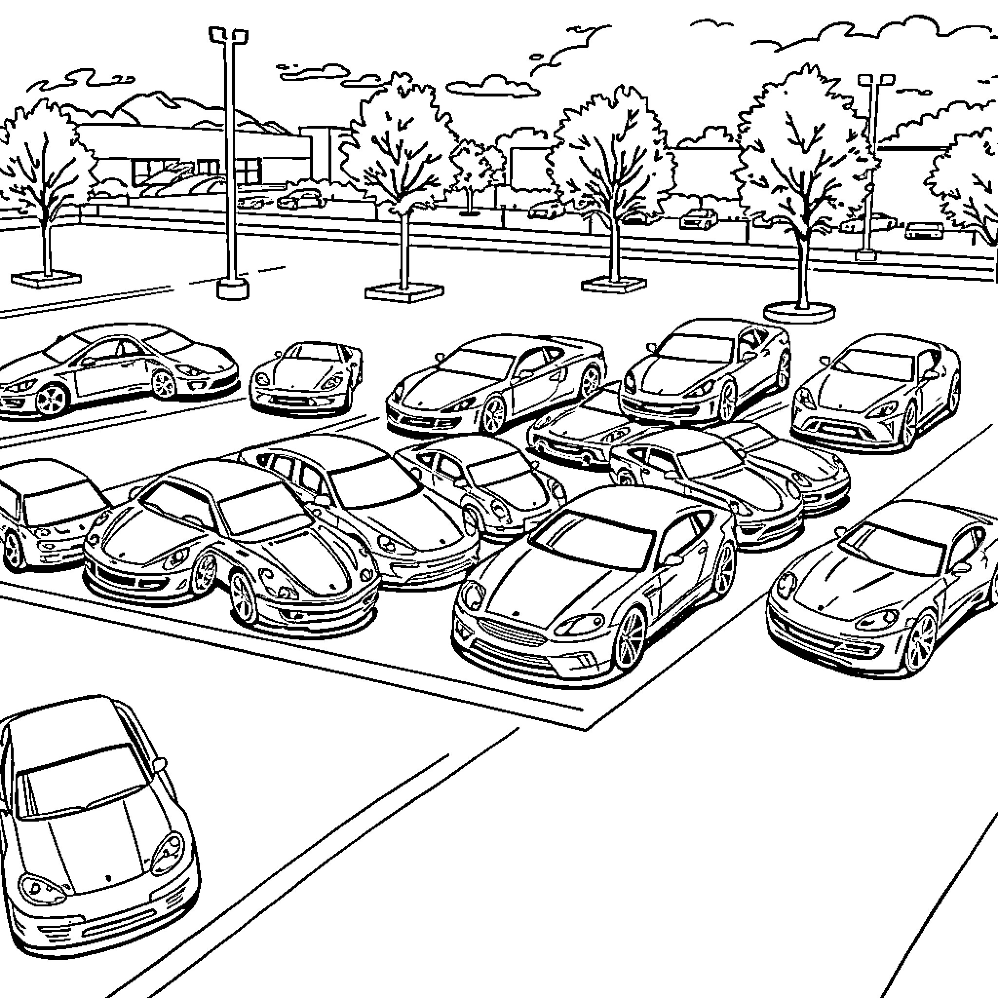 Car Parking Lot with Various Sports Cars Coloring Page (free black-and-white line drawing printable PDF for all, from beginners to advanced learners, including children, teens, adults, and seniors)