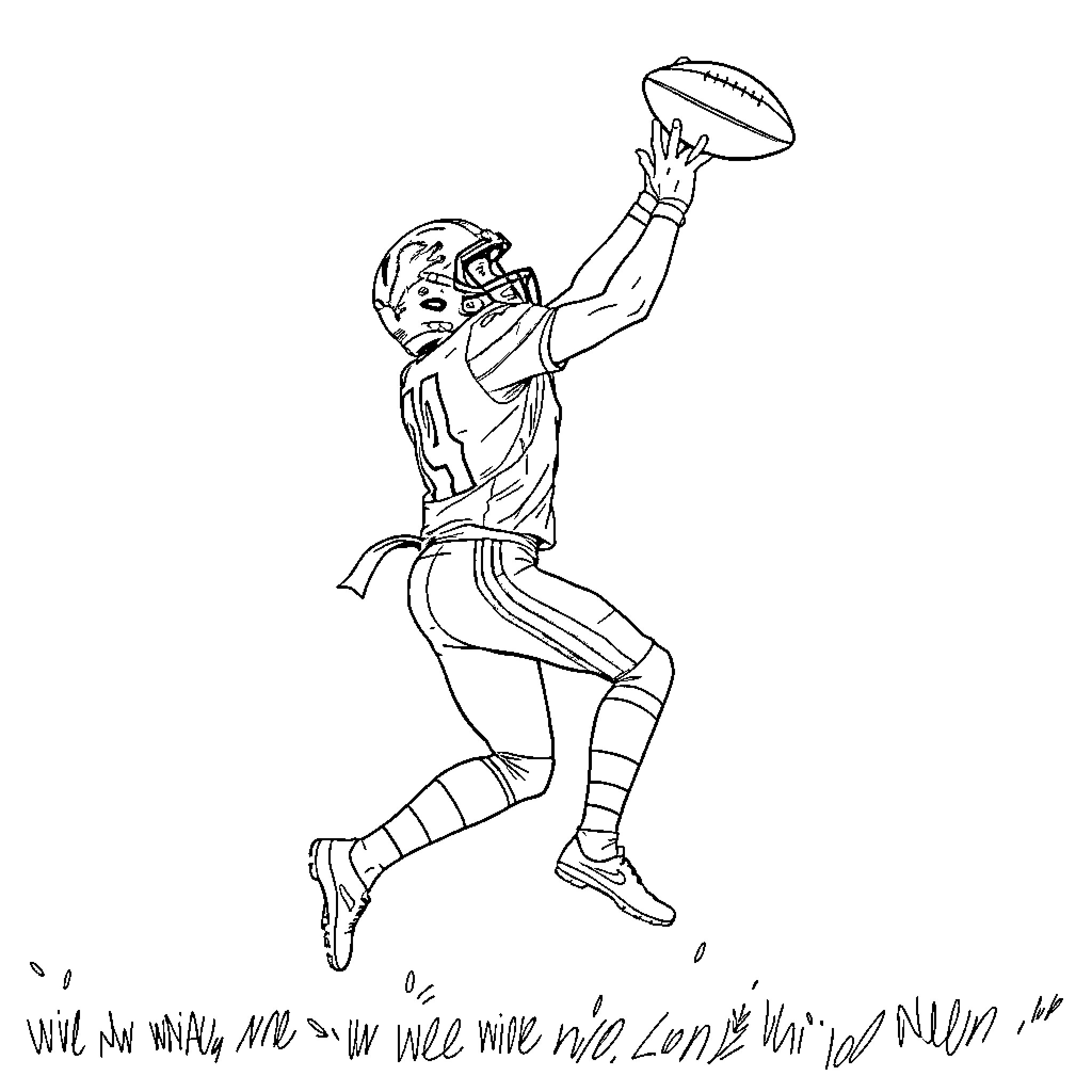 Lion player catching football in action Coloring Page (free black-and-white line drawing printable PDF for all, from beginners to advanced learners, including children, teens, adults, and seniors)