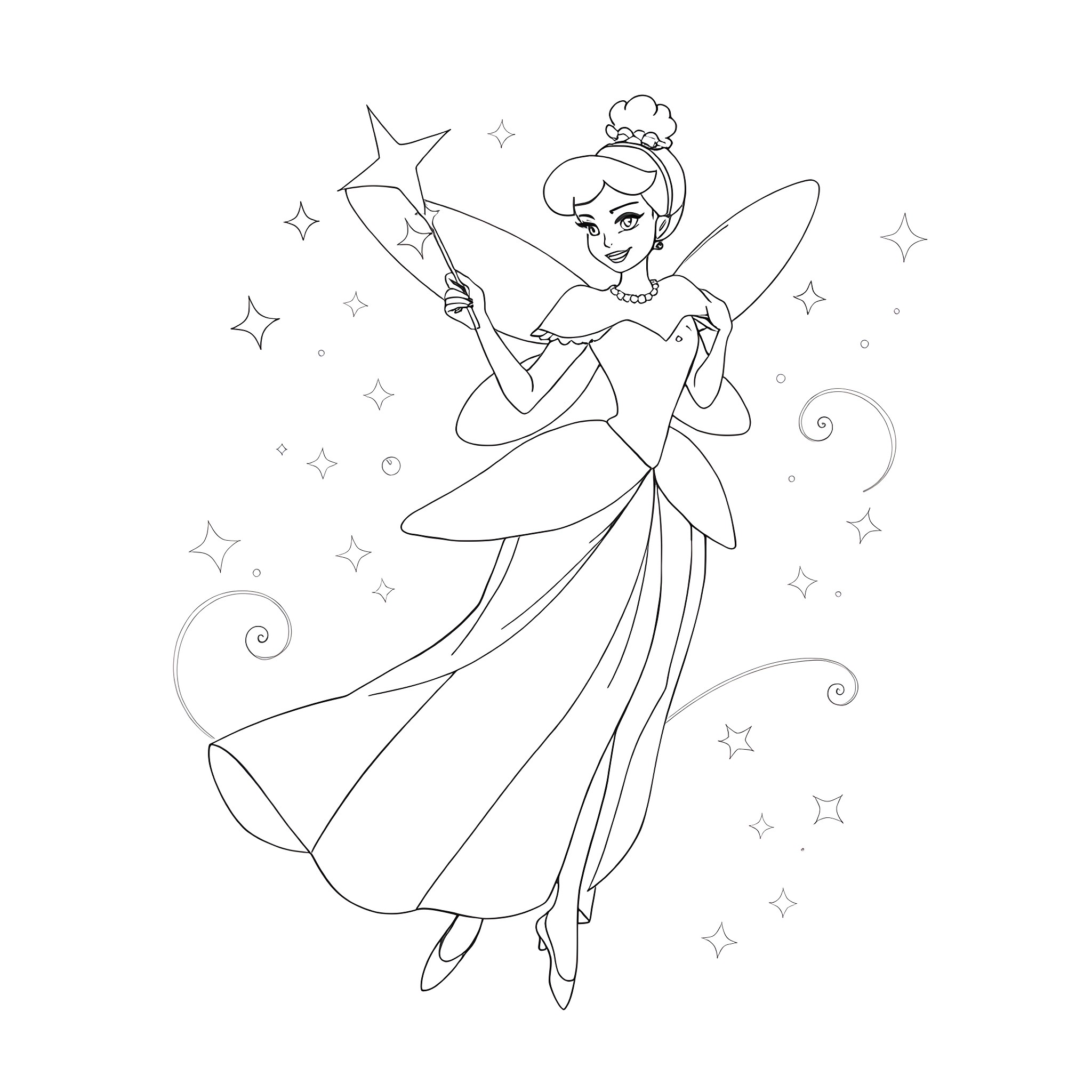 Fairy Godmother performing magical transformation Coloring Page (free black-and-white line drawing printable PDF for all, from beginners to advanced learners, including children, teens, adults, and seniors)