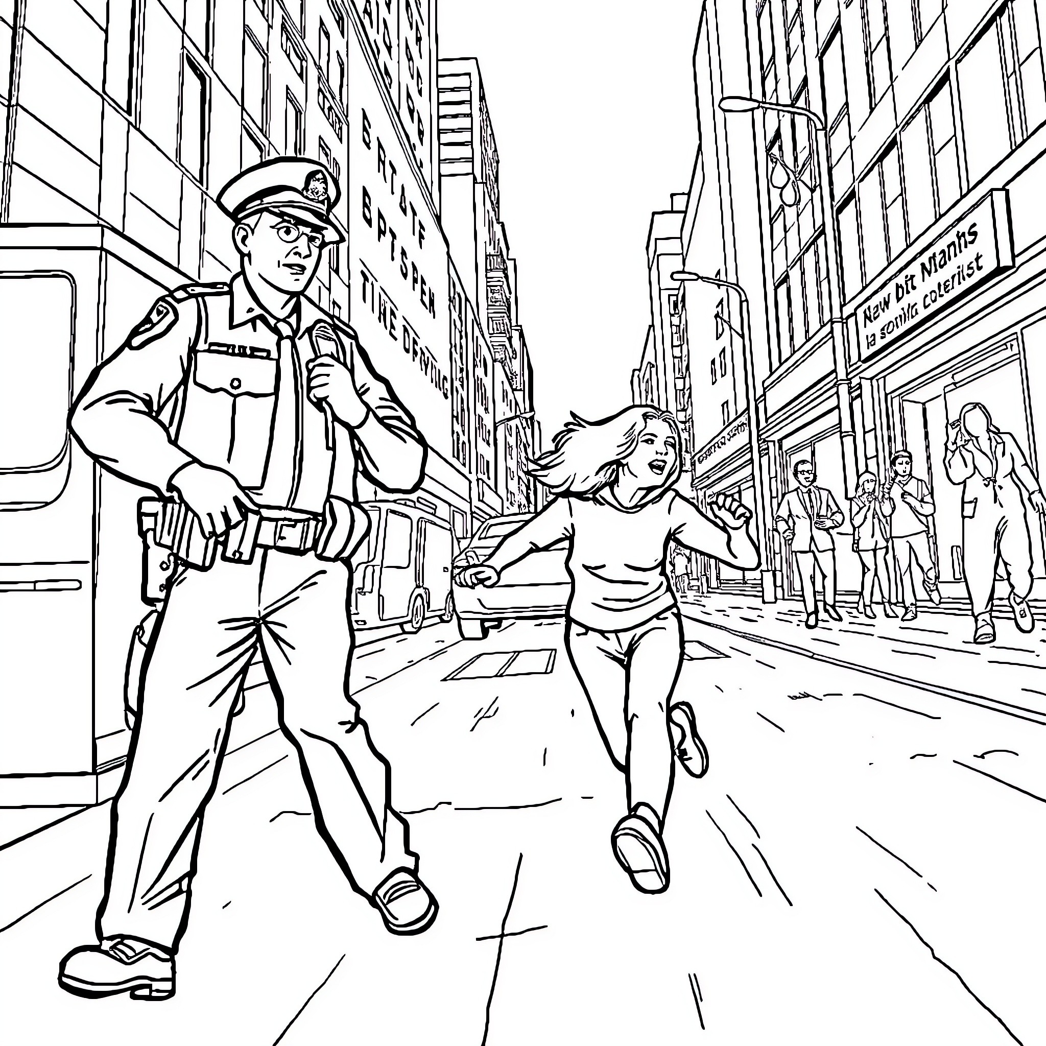 Cop Chasing Suspect Down City Street Coloring Page (free black-and-white line drawing printable PDF for all, from beginners to advanced learners, including children, teens, adults, and seniors)