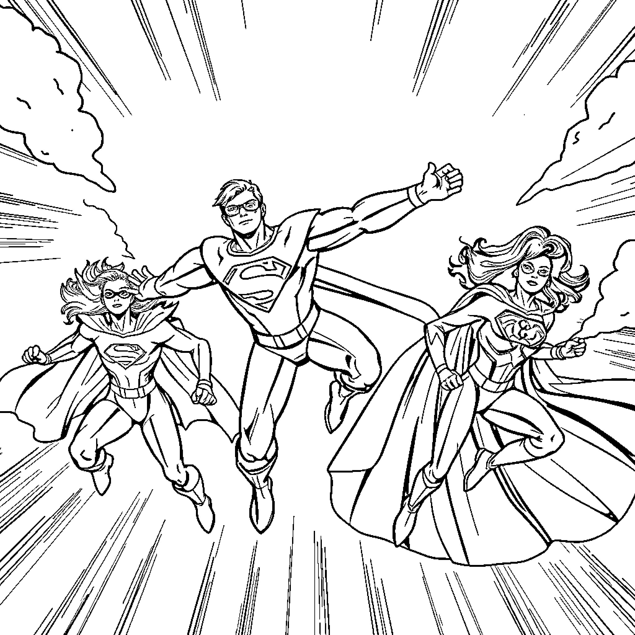 Superhero Squad in Action-Packed Aerial Maneuvers Coloring Page (free black-and-white line drawing printable PDF for all, from beginners to advanced learners, including children, teens, adults, and seniors)