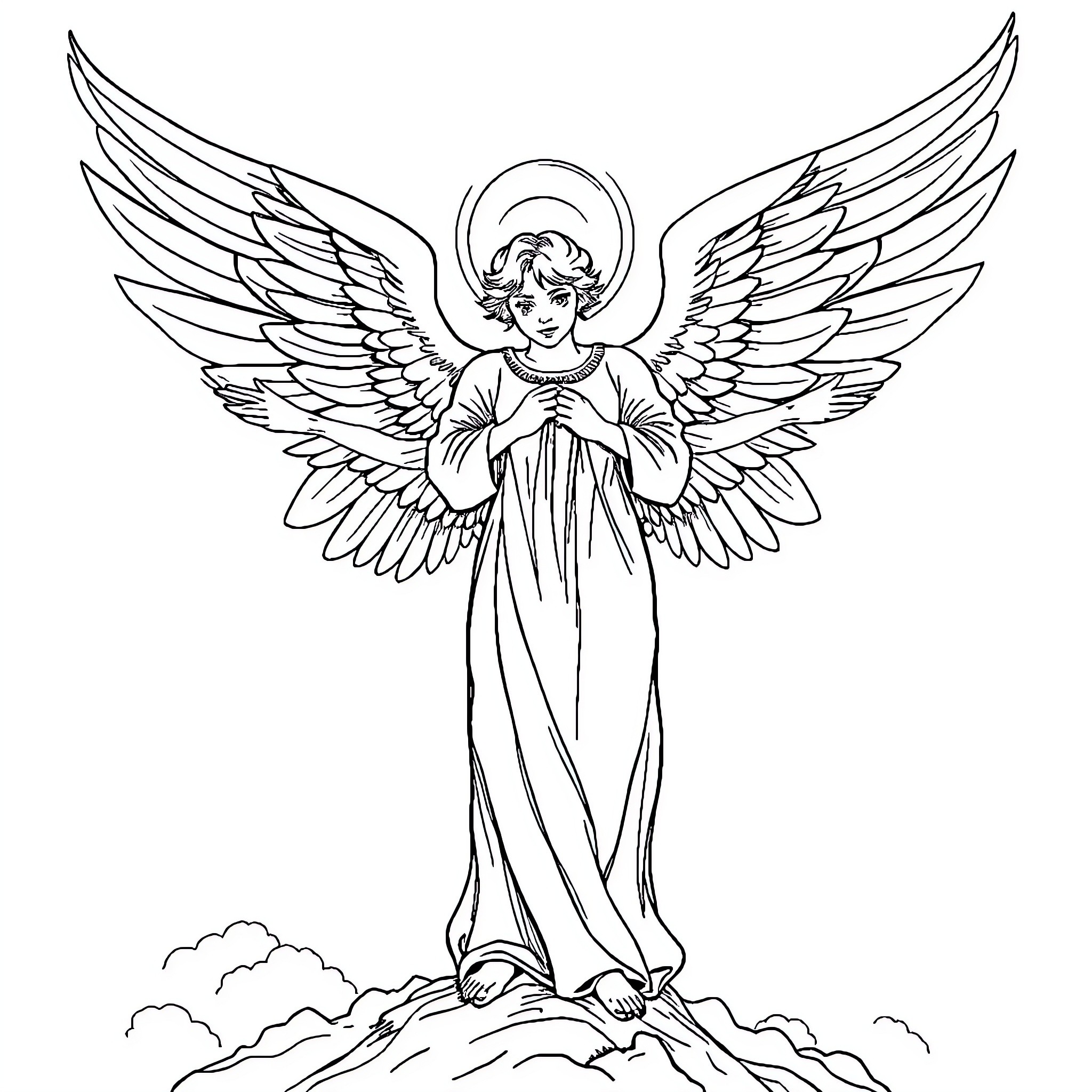 Angel with outstretched wings in serene heavenly scene Coloring Page (free black-and-white line drawing printable PDF for all, from beginners to advanced learners, including children, teens, adults, and seniors)