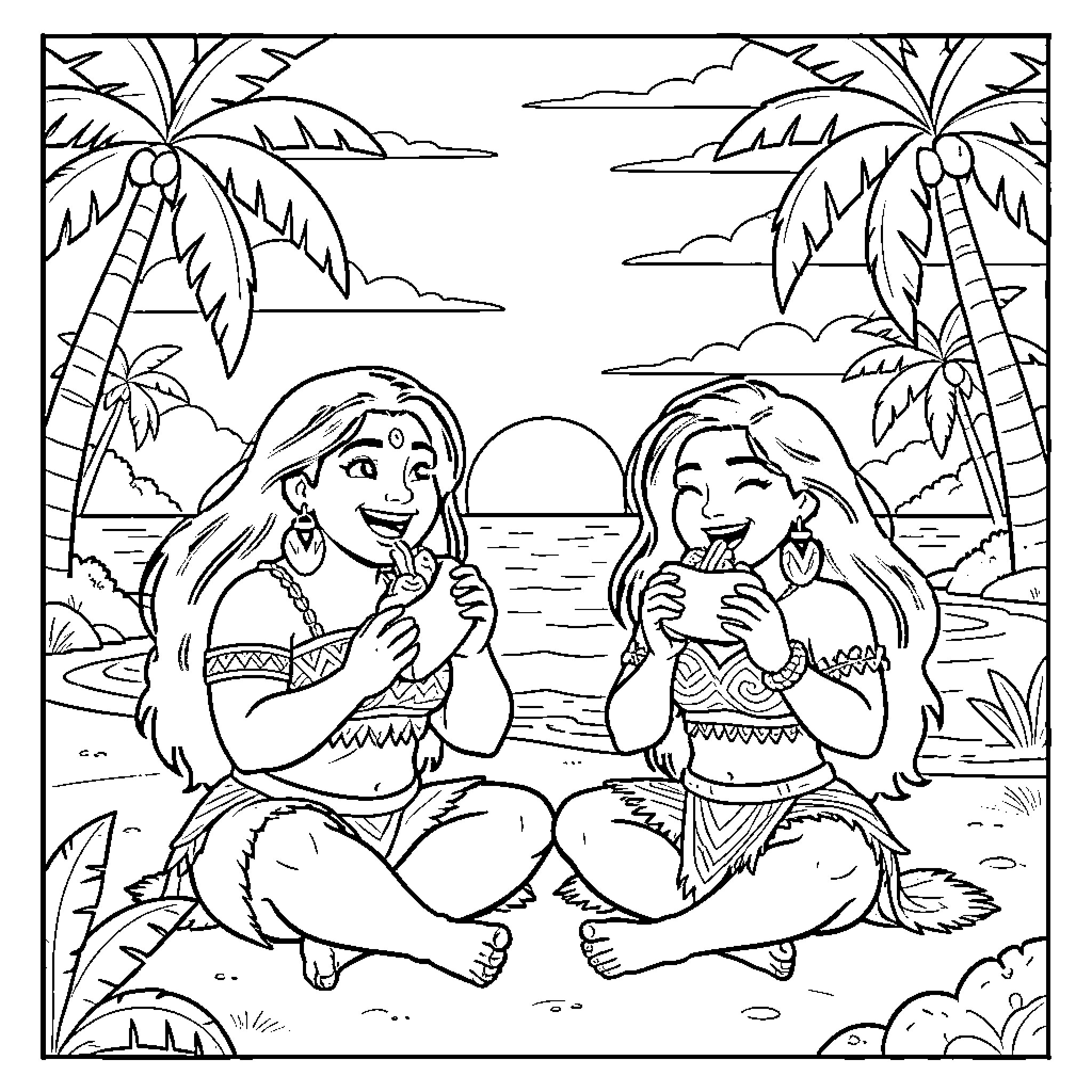 Maui Women Enjoying Tropical Scenery Coloring Page (free black-and-white line drawing printable PDF for all, from beginners to advanced learners, including children, teens, adults, and seniors)