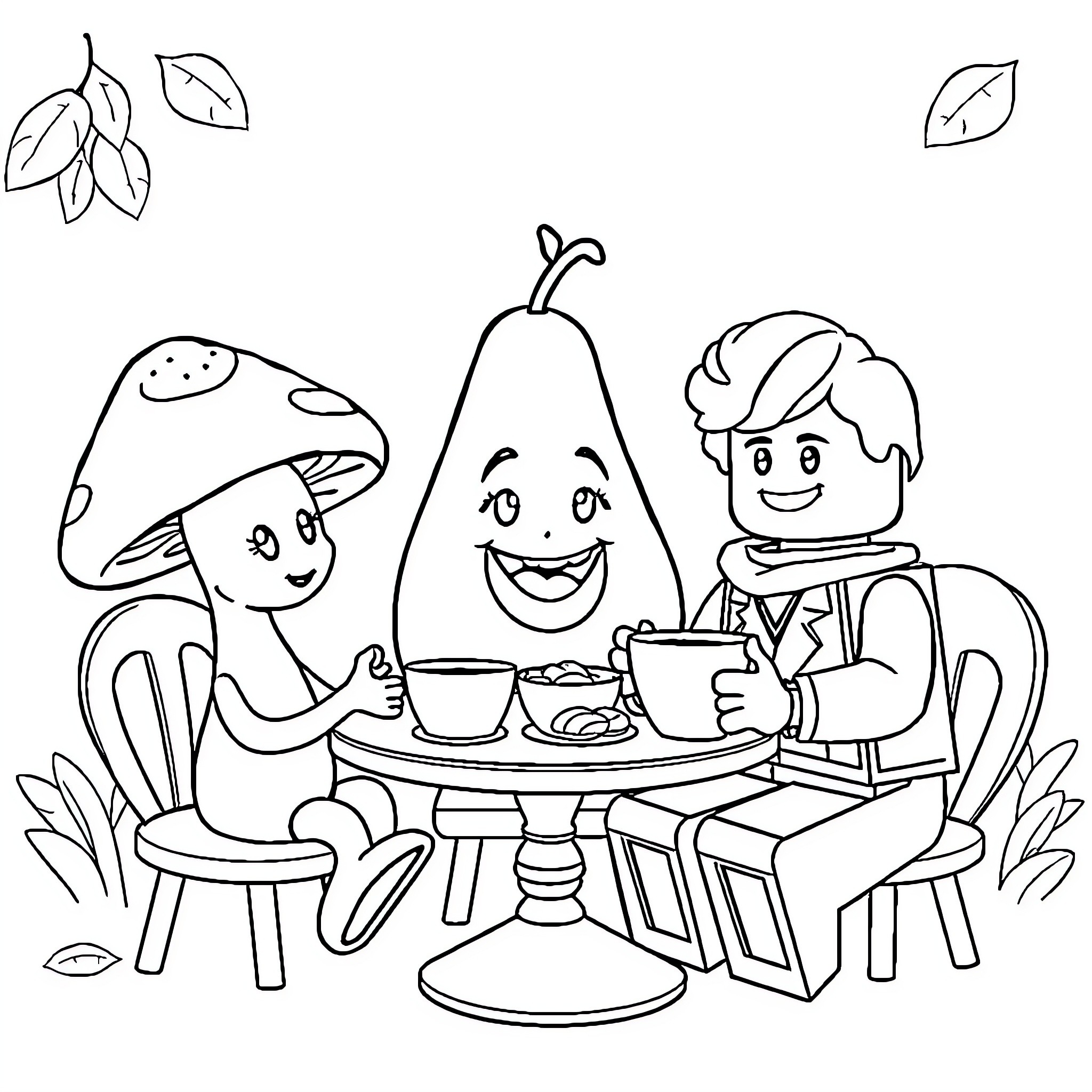 Mushroom Characters Enjoying a Meal Together Coloring Page (free black-and-white line drawing printable PDF for all, from beginners to advanced learners, including children, teens, adults, and seniors)