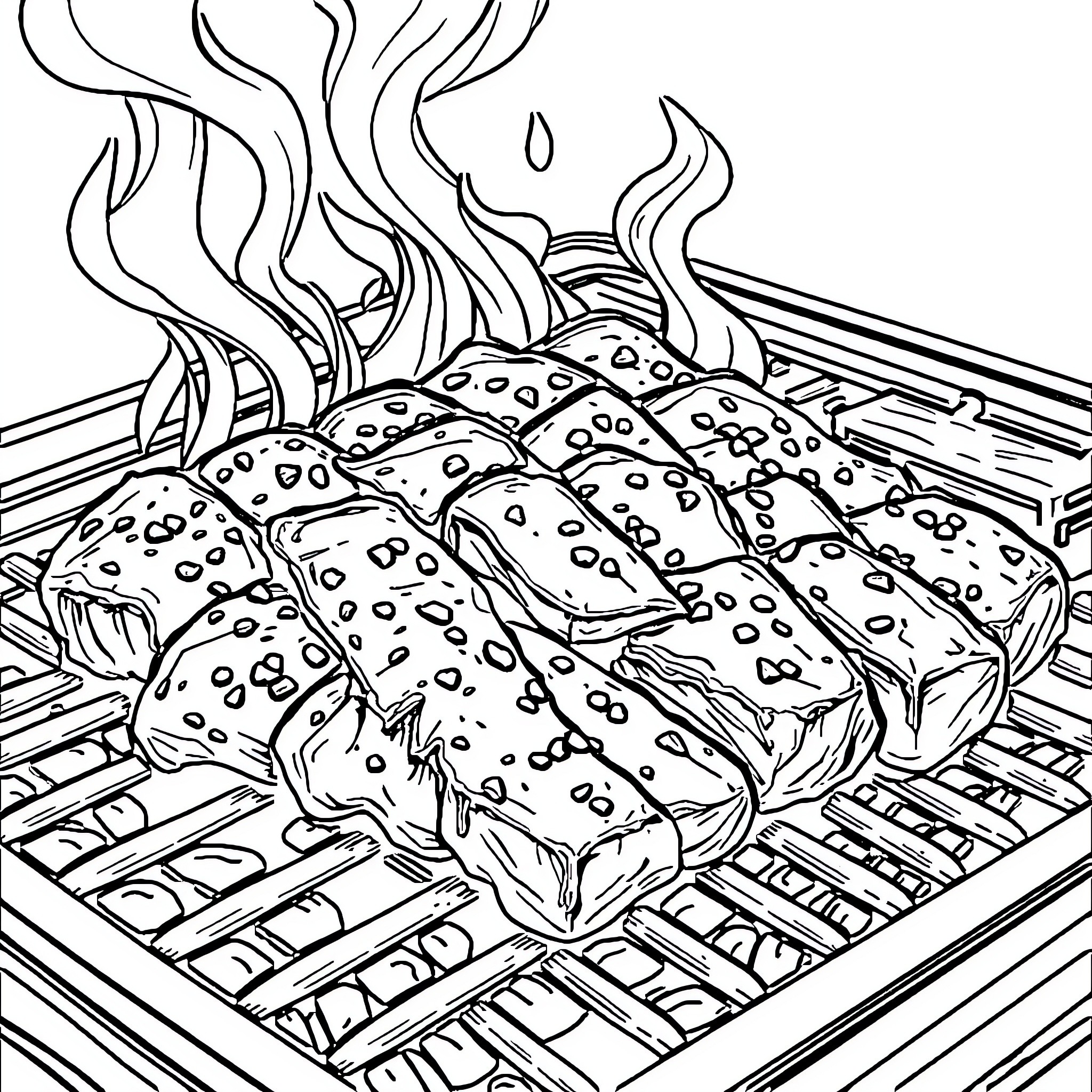 Korean BBQ feast with sizzling meat and steamy atmosphere Coloring Page (free black-and-white line drawing printable PDF for all, from beginners to advanced learners, including children, teens, adults, and seniors)