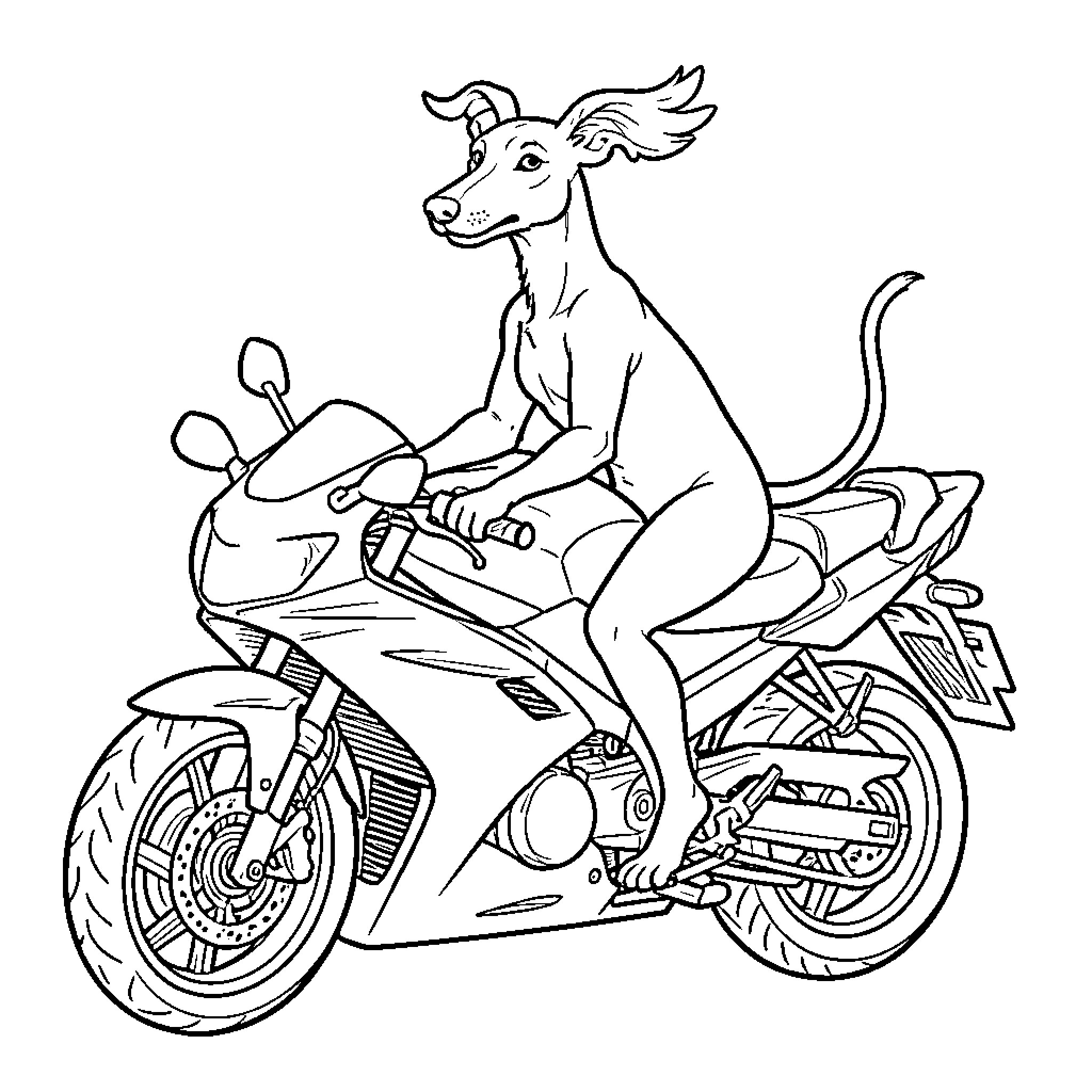 Greyhound riding a motorcycle with wind in ears Coloring Page (free black-and-white line drawing printable PDF for all, from beginners to advanced learners, including children, teens, adults, and seniors)