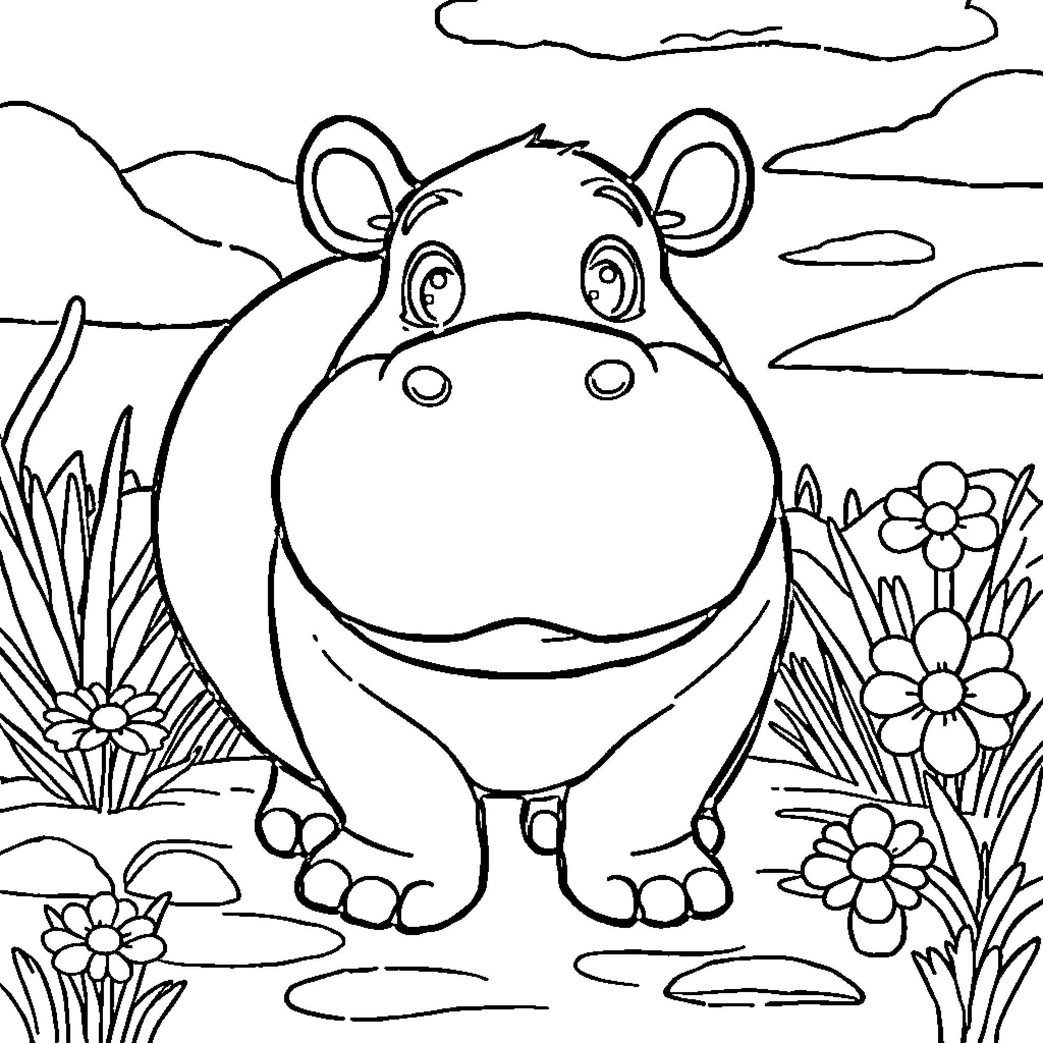Hippo happily exploring a blooming flower garden Coloring Page (free black-and-white line drawing printable PDF for all, from beginners to advanced learners, including children, teens, adults, and seniors)