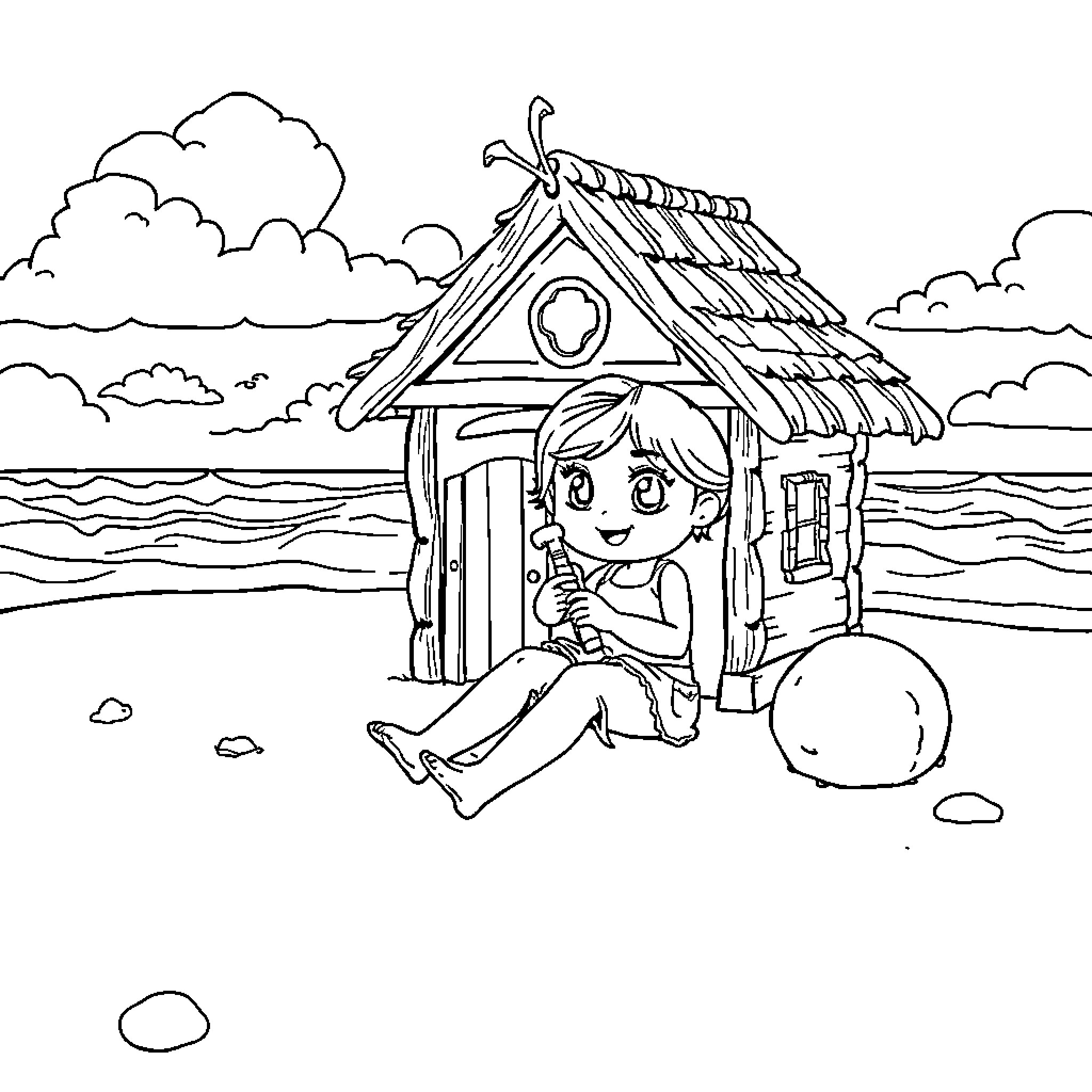 Dollhouse by the Seaside with a Playful Child Coloring Page (free black-and-white line drawing printable PDF for all, from beginners to advanced learners, including children, teens, adults, and seniors)