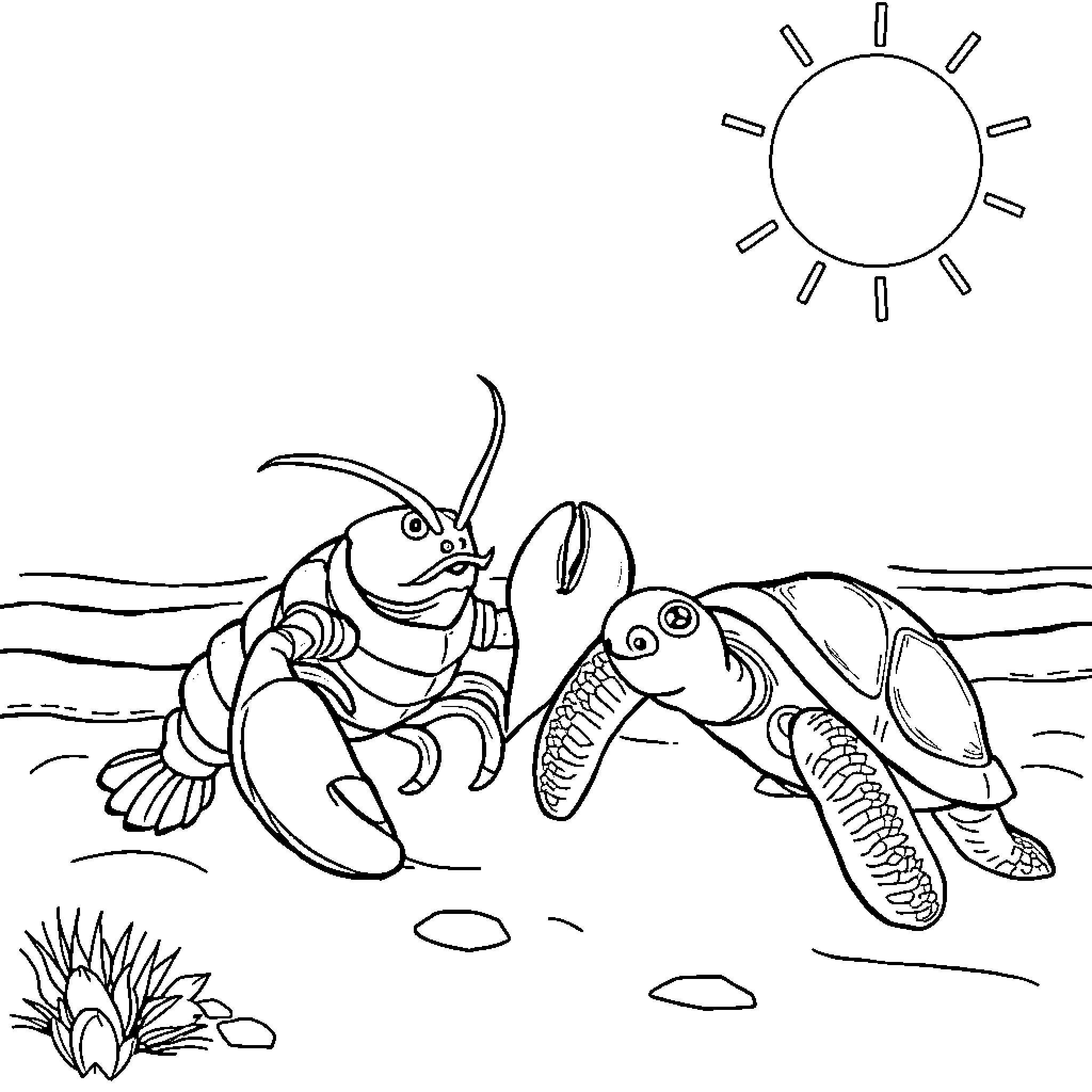 Lobster friends exploring the beach Coloring Page (free black-and-white line drawing printable PDF for all, from beginners to advanced learners, including children, teens, adults, and seniors)