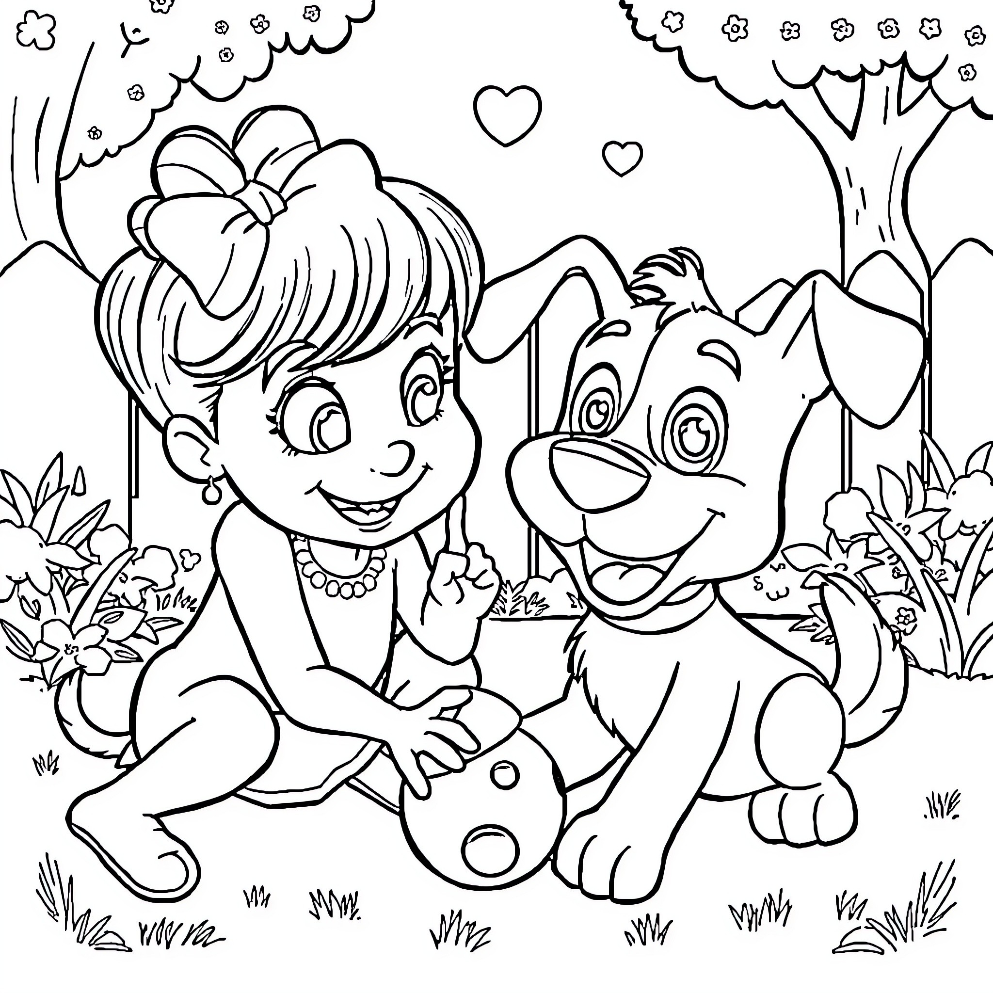 Bluey and Bingo playing happily in nature Coloring Page (free black-and-white line drawing printable PDF for all, from beginners to advanced learners, including children, teens, adults, and seniors)