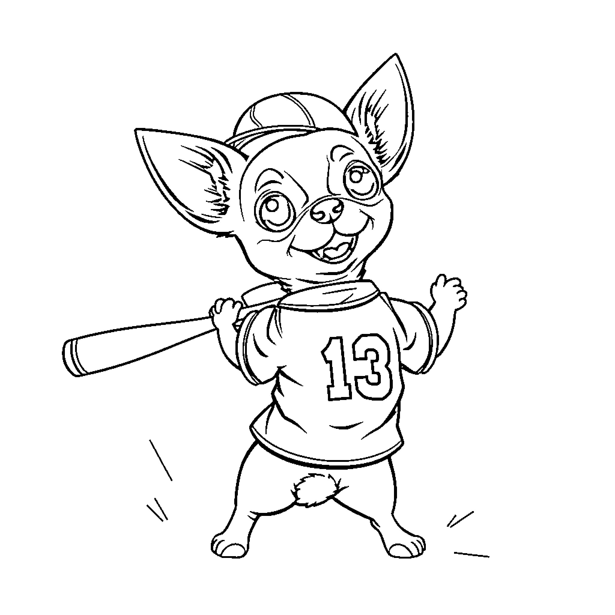 Chihuahua playing baseball with enthusiasm Coloring Page (free black-and-white line drawing printable PDF for all, from beginners to advanced learners, including children, teens, adults, and seniors)