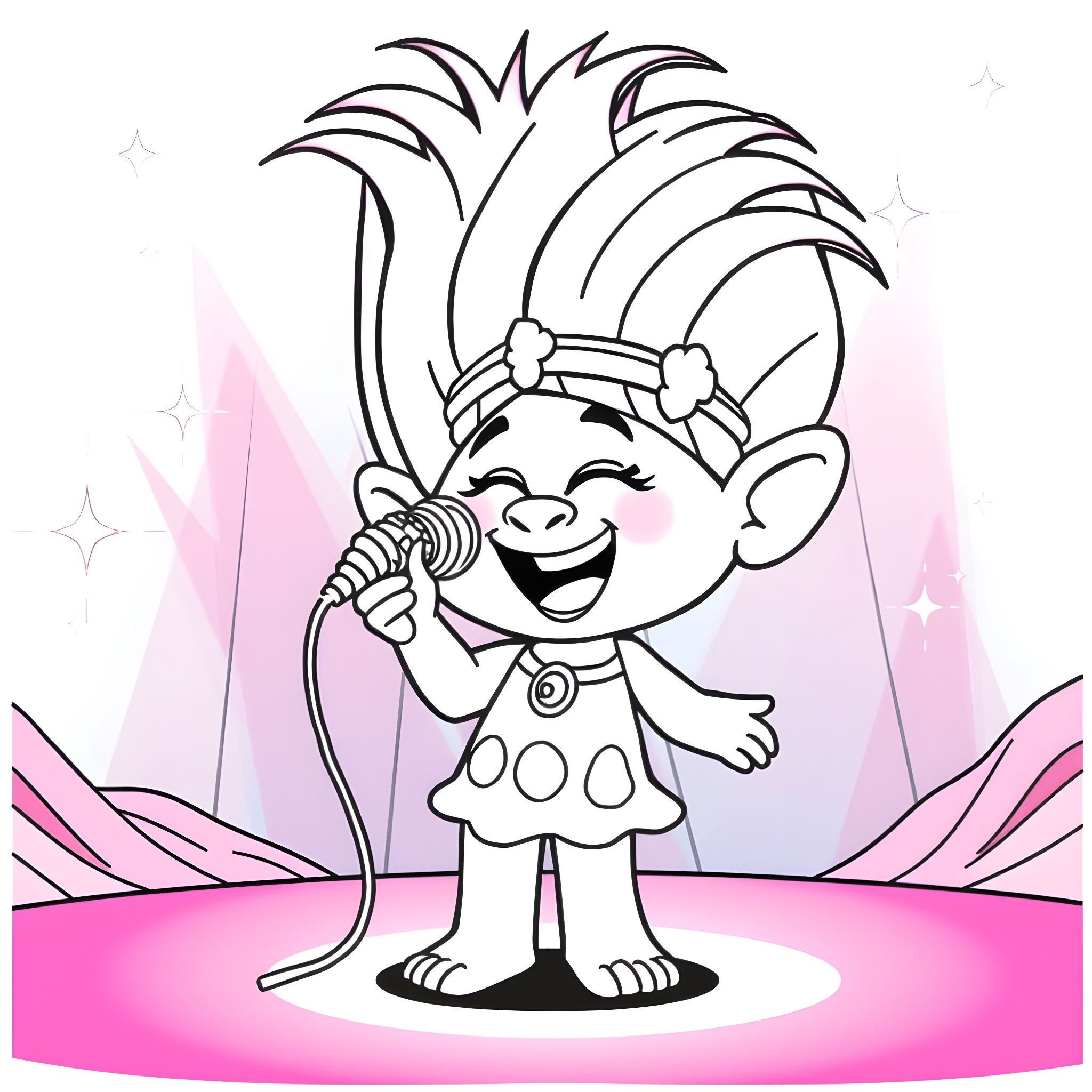 Poppy Singing Joyfully on Stage Coloring Page (free black-and-white line drawing printable PDF for all, from beginners to advanced learners, including children, teens, adults, and seniors)