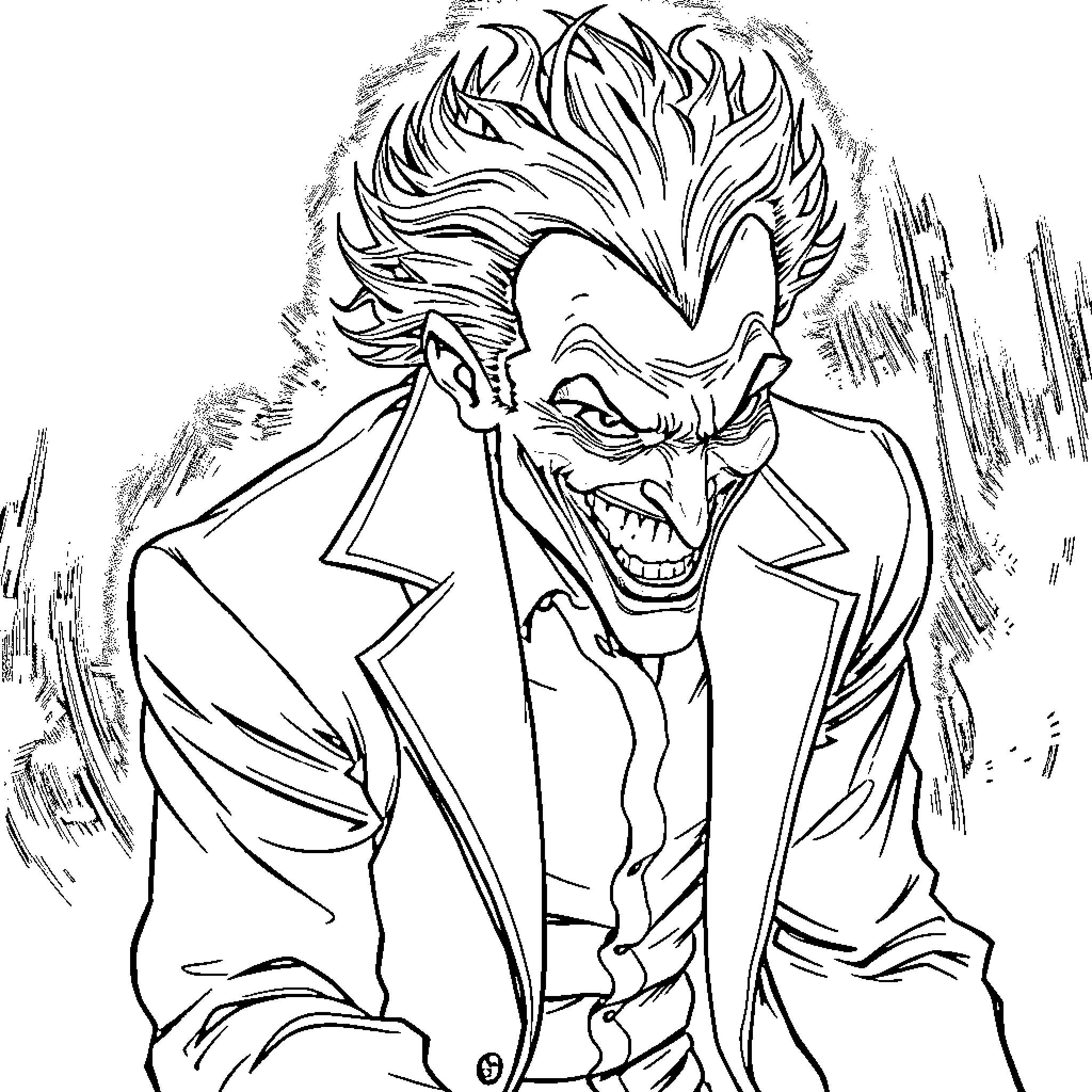 Joker's Manic Grin and Chaotic Demeanor Coloring Page (free black-and-white line drawing printable PDF for all, from beginners to advanced learners, including children, teens, adults, and seniors)